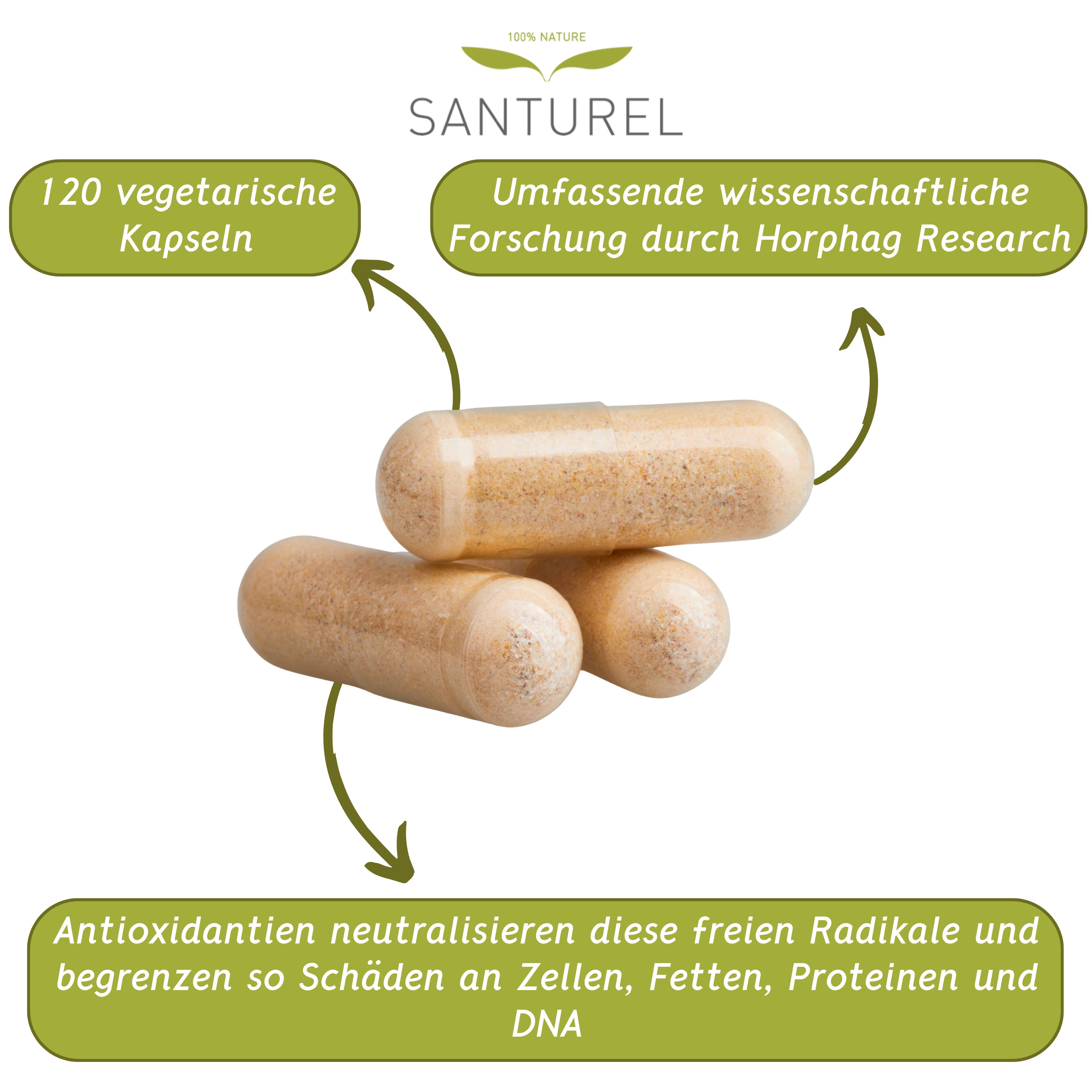 Drei Kapseln. 120 vegetarische Kapseln. Antioxidantien neutralisieren freie Radikale.