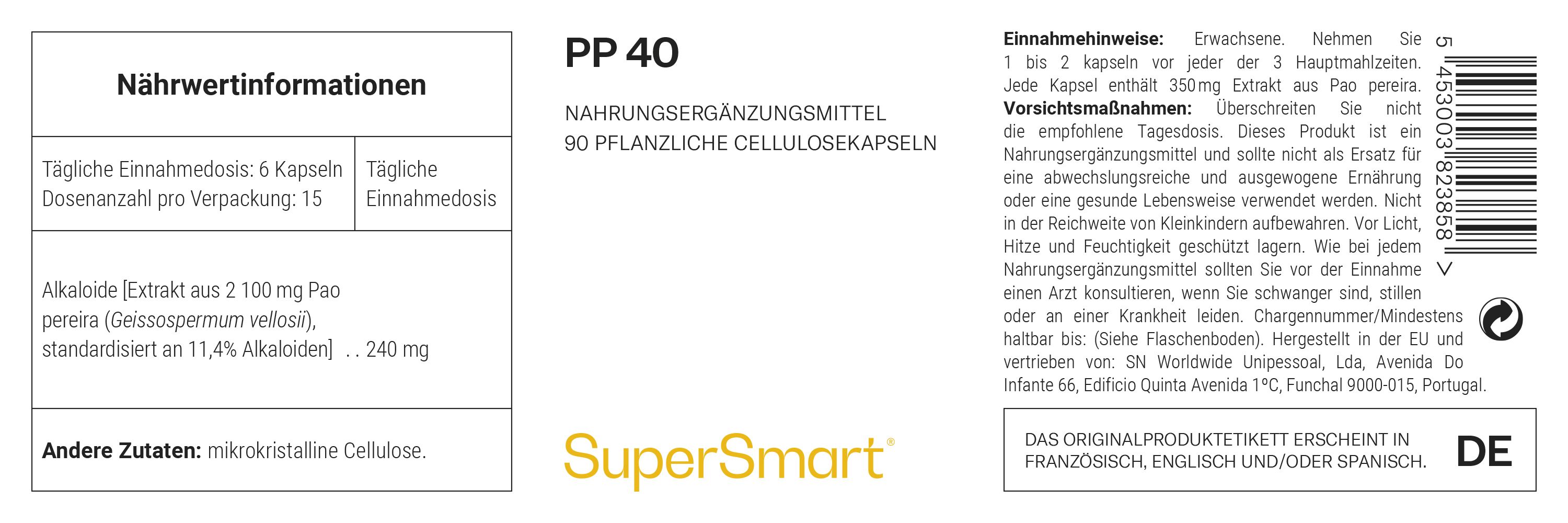 Etikett des Nahrungsergänzungsmittels PP 40 von SuperSmart. Enthält 90 pflanzliche Zellulosekapseln. Enthält Nährwertinformationen.