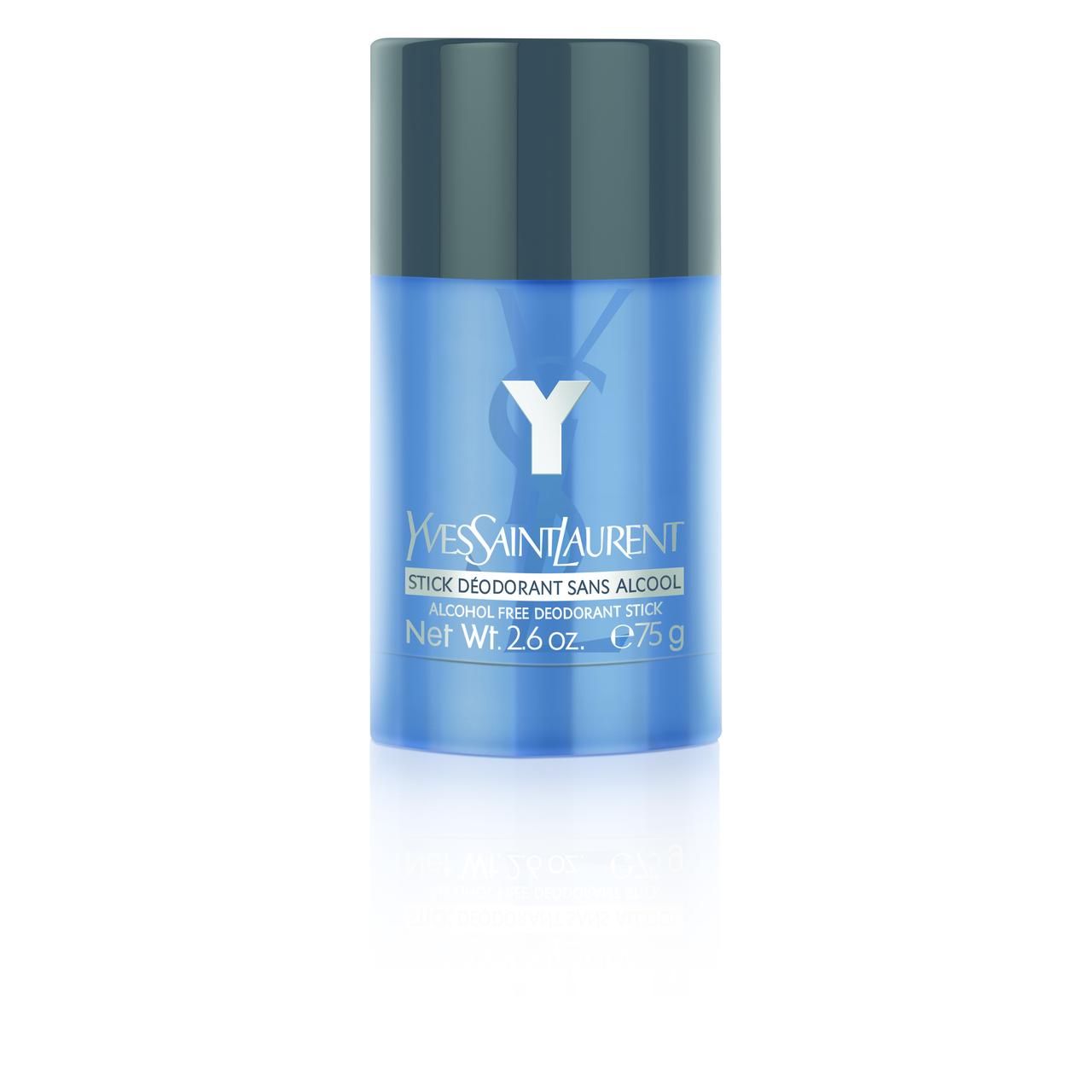 Yves Saint Laurent Y Deodorant Stick. Zylindrische Form, blau-schwarze Farbgebung. Produktname und Logo sichtbar.