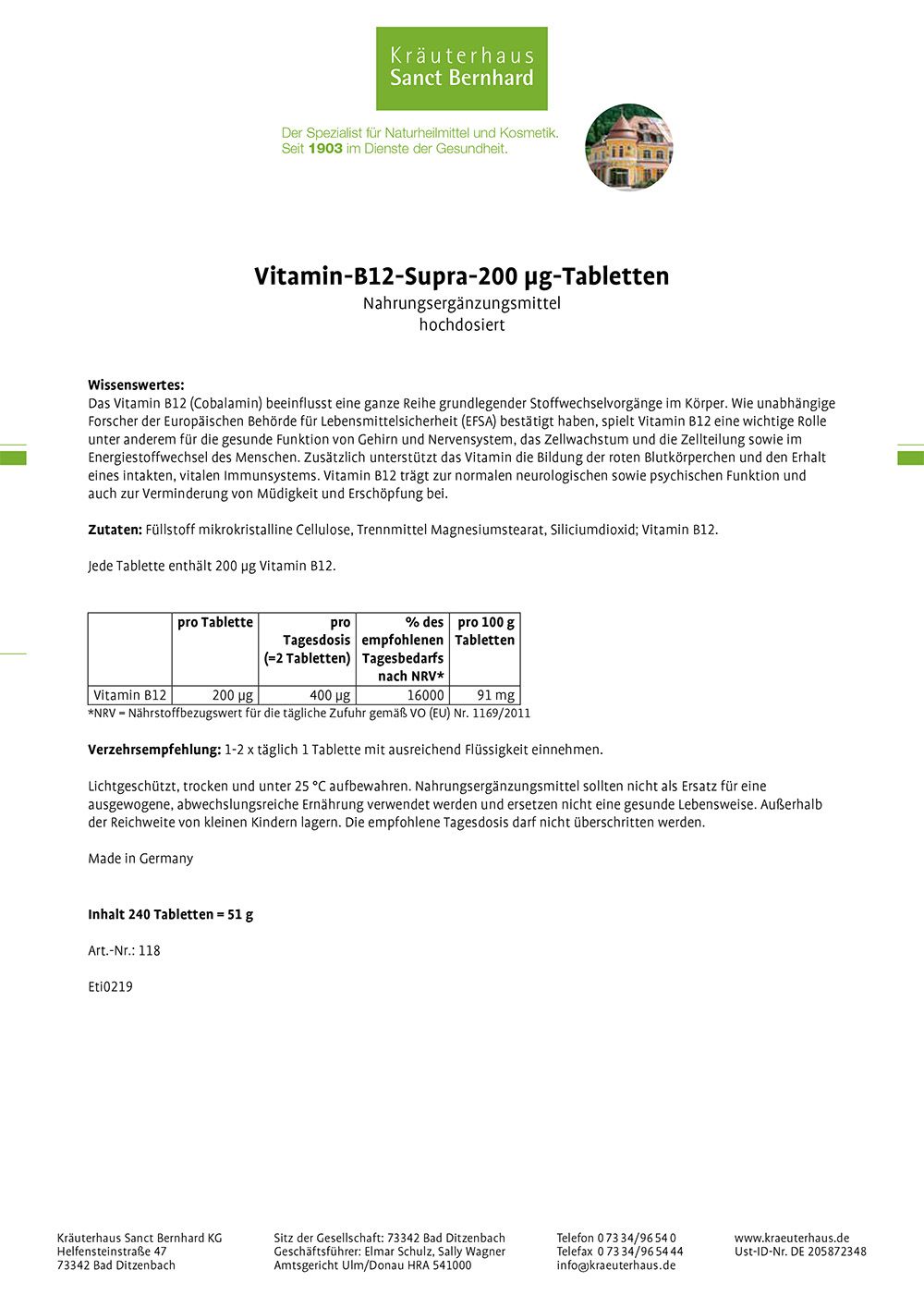 Sanct Bernhard Vitamin-B12-Supra-200 µg-Tabletten 2x240 St Tabletten