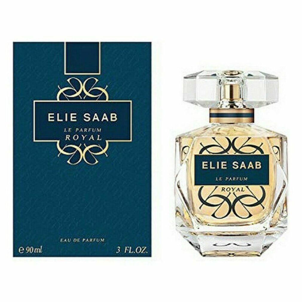 Parfümflakon und Schachtel. Flakon mit goldfarbener Flüssigkeit. Aufschrift: ELIE SAAB LE PARFUM ROYAL, 90ml, 3 FL.OZ.