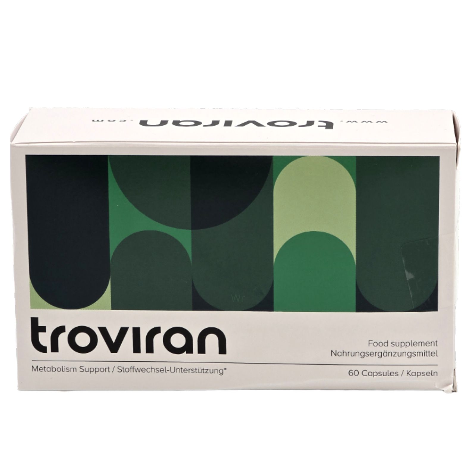 Weiße Verpackung mit grünem Muster und Schriftzug "troviran". Enthält 60 Kapseln. Aufschrift: "Nahrungsergänzungsmittel".