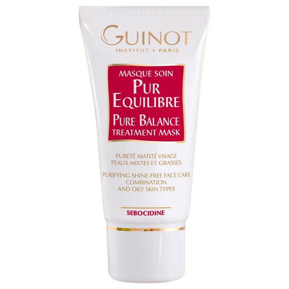 Weiße Tube mit rotem Etikett. Guinot-Logo oben. Text: Masque Soin Pur Équilibre, Pure Balance Treatment Mask. Für Mischhaut.