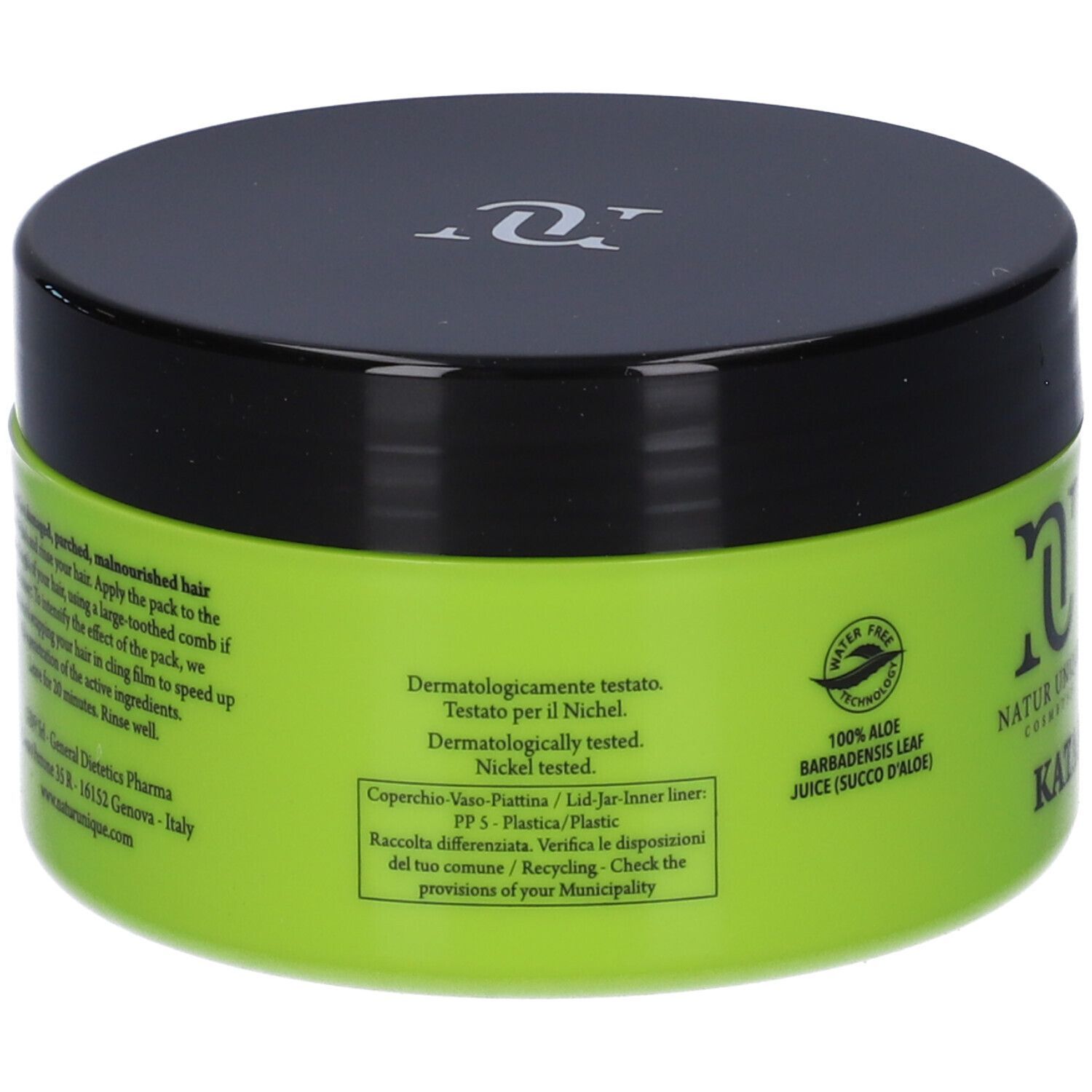 Grüner Tiegel mit schwarzem Deckel. Aufschrift: 100% Aloe Barbadensis Leaf Juice. Dermatologisch getestet. Nickel getestet.