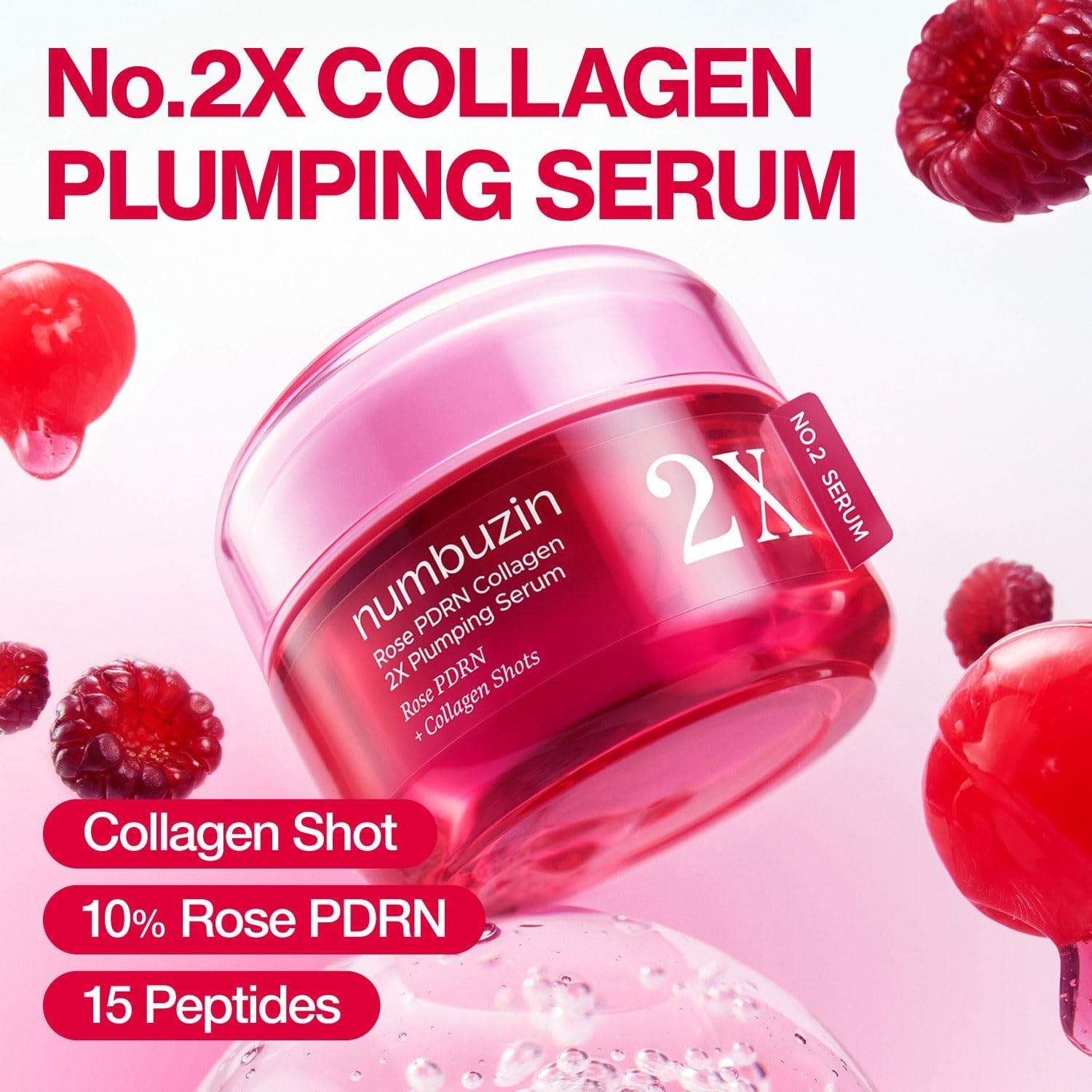 Rosa Tiegel mit rosafarbenem Deckel. Aufschrift: Numbuzin Rose PDRN Collagen 2X Plumping Serum. Etikett: No.2 Serum. Hintergrund: Früchte.