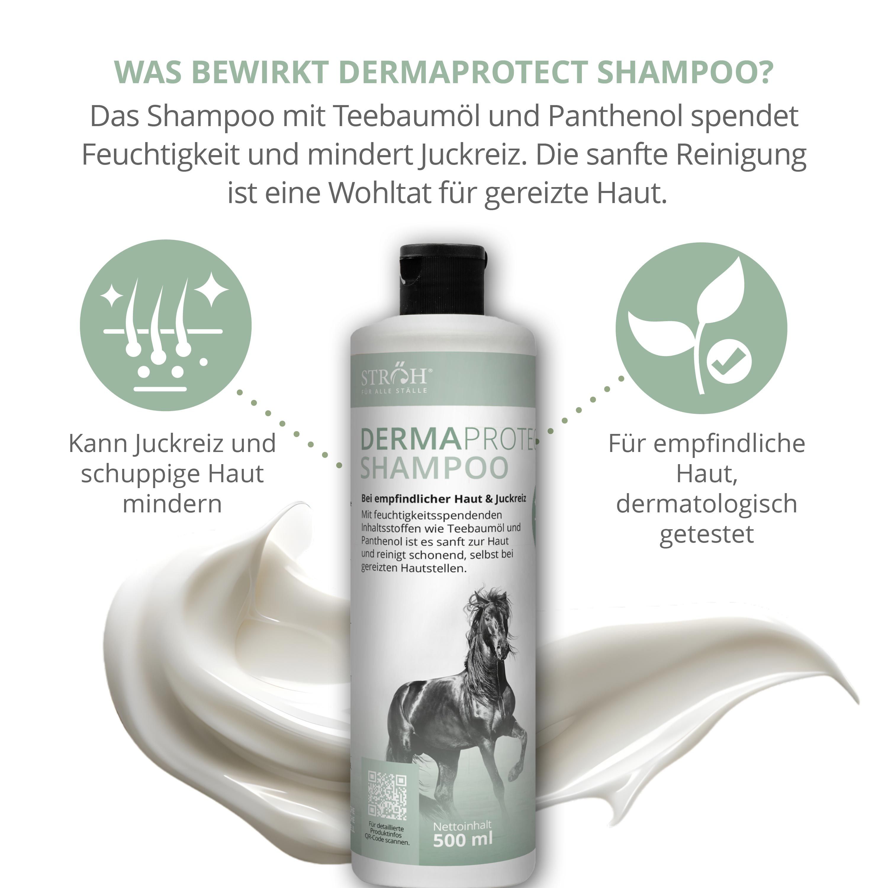 STRÖH DermaProtect Shampoo Flasche umgeben von cremiger Textur, mit Icons für Hautpflege.
