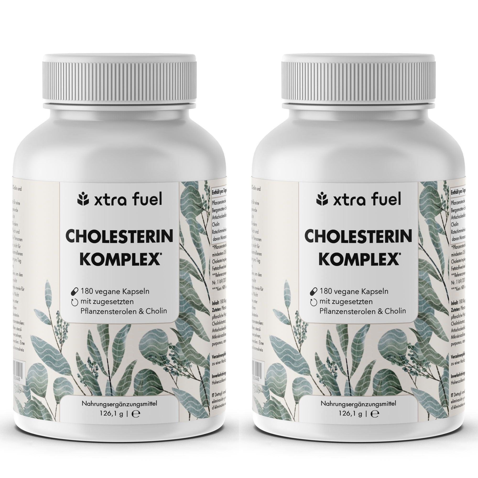 Zwei weiße Flaschen mit Kapseln. Aufschrift: XTRA FUEL Cholesterin Komplex. 180 vegane Kapseln.