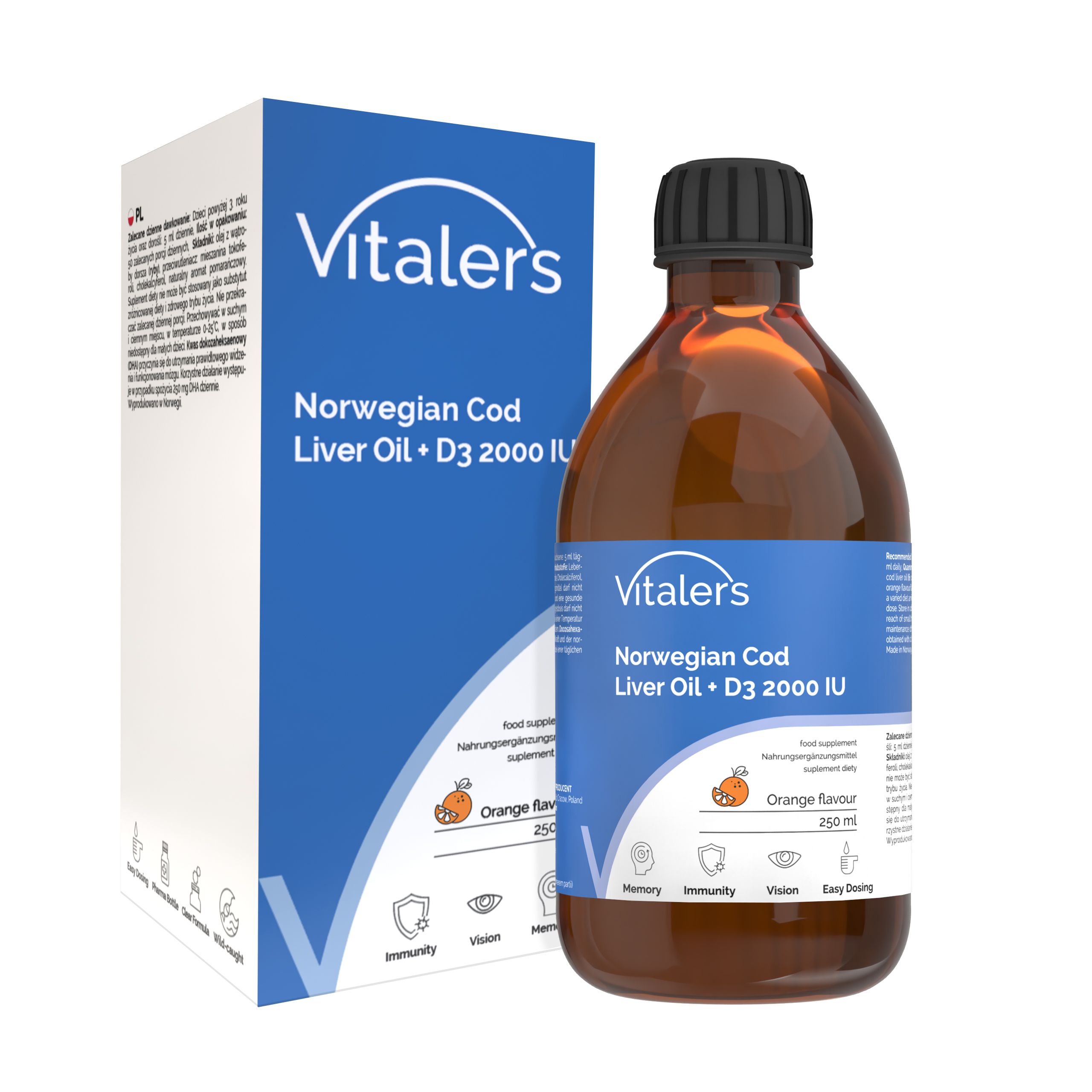 Vitaler’s Omega-3 Lebertran, mit Vitamin D3 2000 IE, Orangengeschmack 250 ml Öl