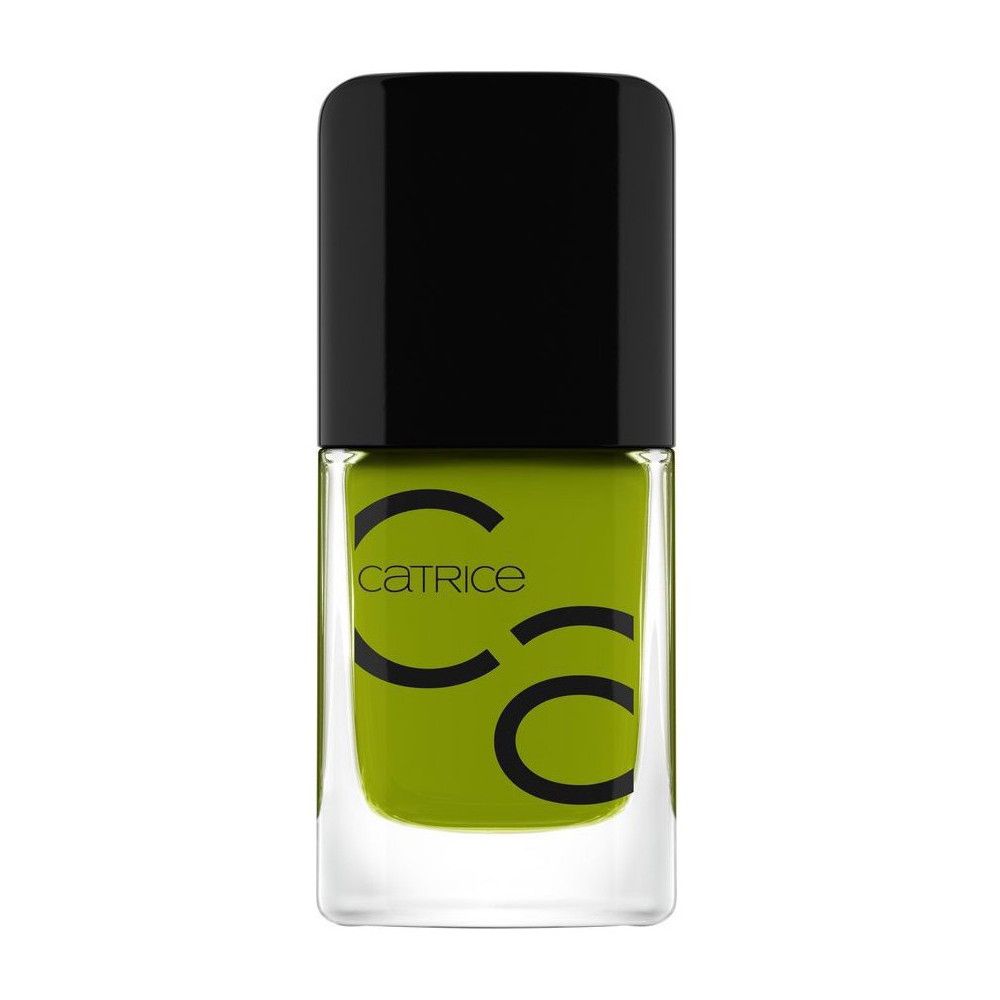 Nagellackflasche mit grünem Inhalt und schwarzem Deckel. Logo Catrice.