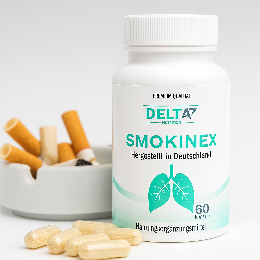 Weiße Flasche mit Aufschrift SMOKINEX, DELTA7 NUTRITION, 60 Kapseln. Kapseln daneben. Aschenbecher mit Zigarettenstummeln.