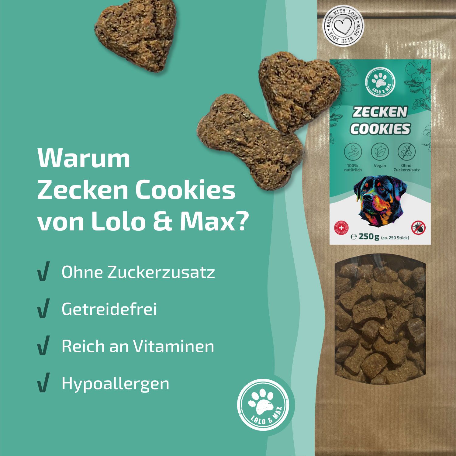 Drei herzförmige Kekse und eine Tüte Lolo & Max Zecken Cookies. Auf der Tüte ist ein Hund abgebildet. Text: Ohne Zuckerzusatz, Getreidefrei, Reich an Vitaminen, Hypoallergen.