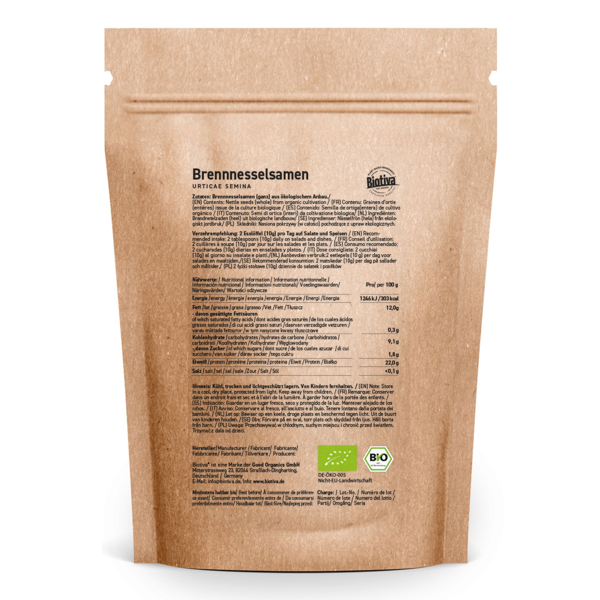 Rückseite der Biotiva Brennnesselsamen Bio-Tüte mit Nährwertangaben und Bio-Siegeln.