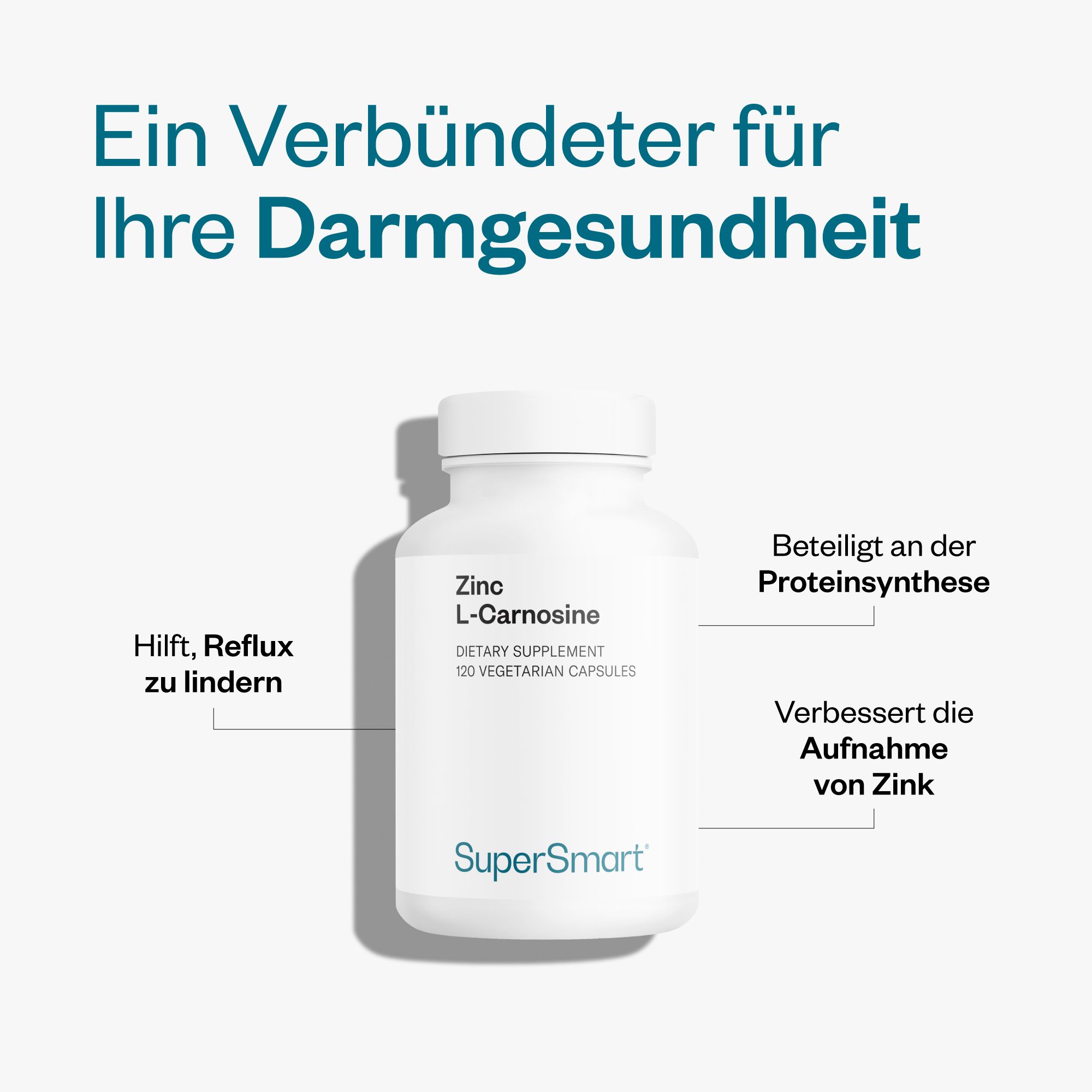 Weiße Flasche mit Zink L-Carnosin Kapseln. 120 vegetarische Kapseln. SuperSmart-Logo. Text: Hilft, Reflux zu lindern. Beteiligt an der Proteinsynthese.