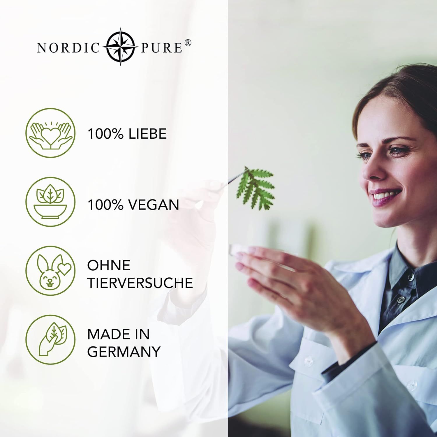 Grafik mit Logos: 100% Liebe, 100% Vegan, ohne Tierversuche, Made in Germany. Frau im Labor mit Blatt. Marke: Nordic Pure.