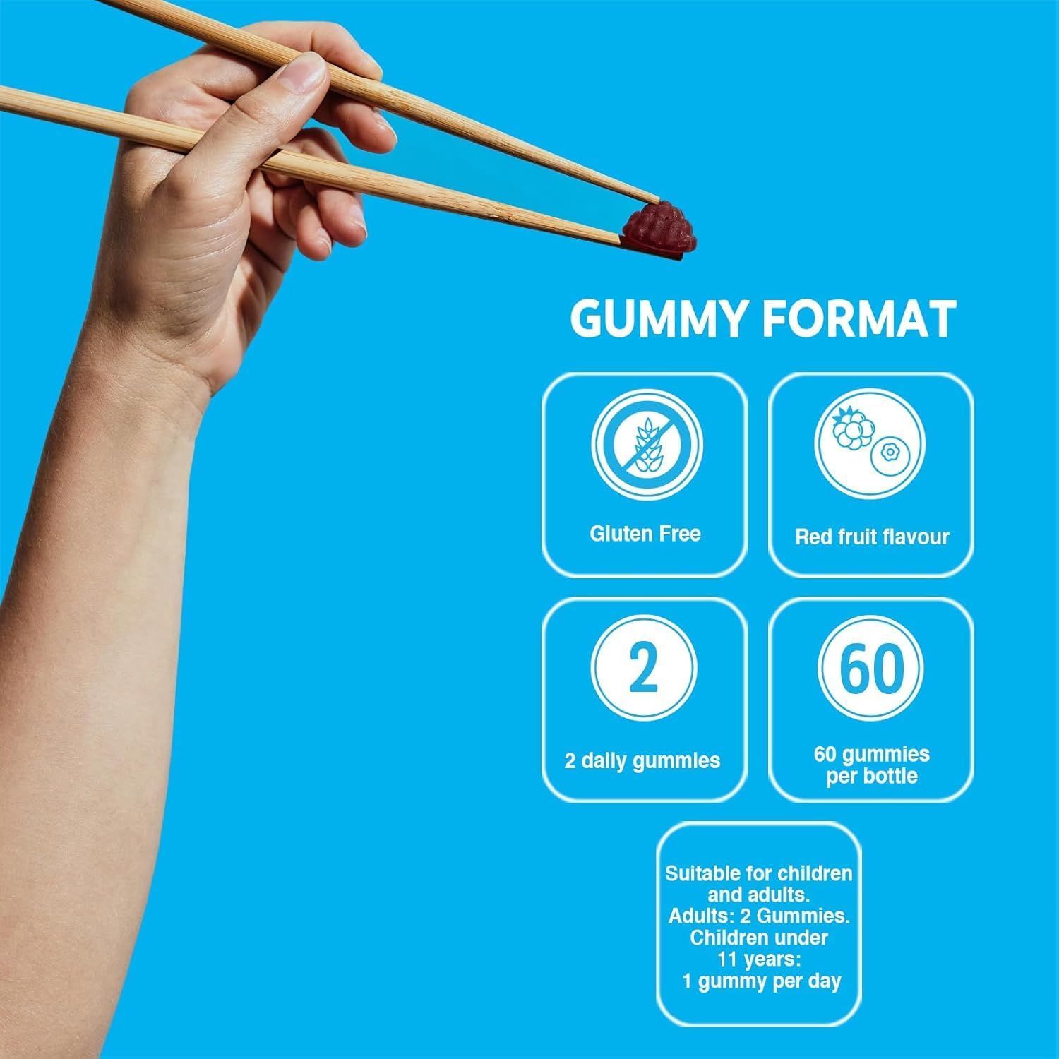 Gummiformat: Glutenfrei, roter Fruchtgeschmack, 2 tägliche Gummis, 60 Gummis pro Flasche.