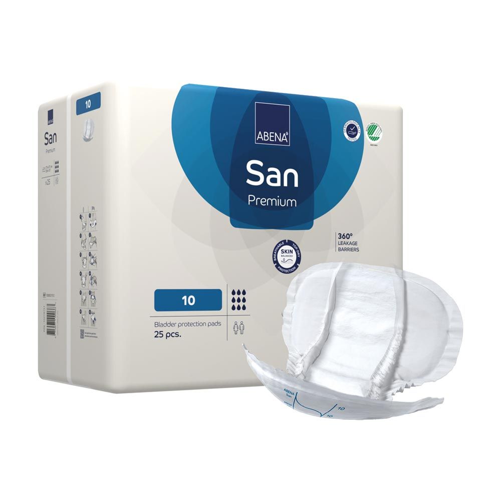 ABENA San Premium Vorlagen. Packung mit 25 Stück. Vorlage daneben. Aufdrucke: ABENA San Premium, 10, 360° Leakage Barriers.