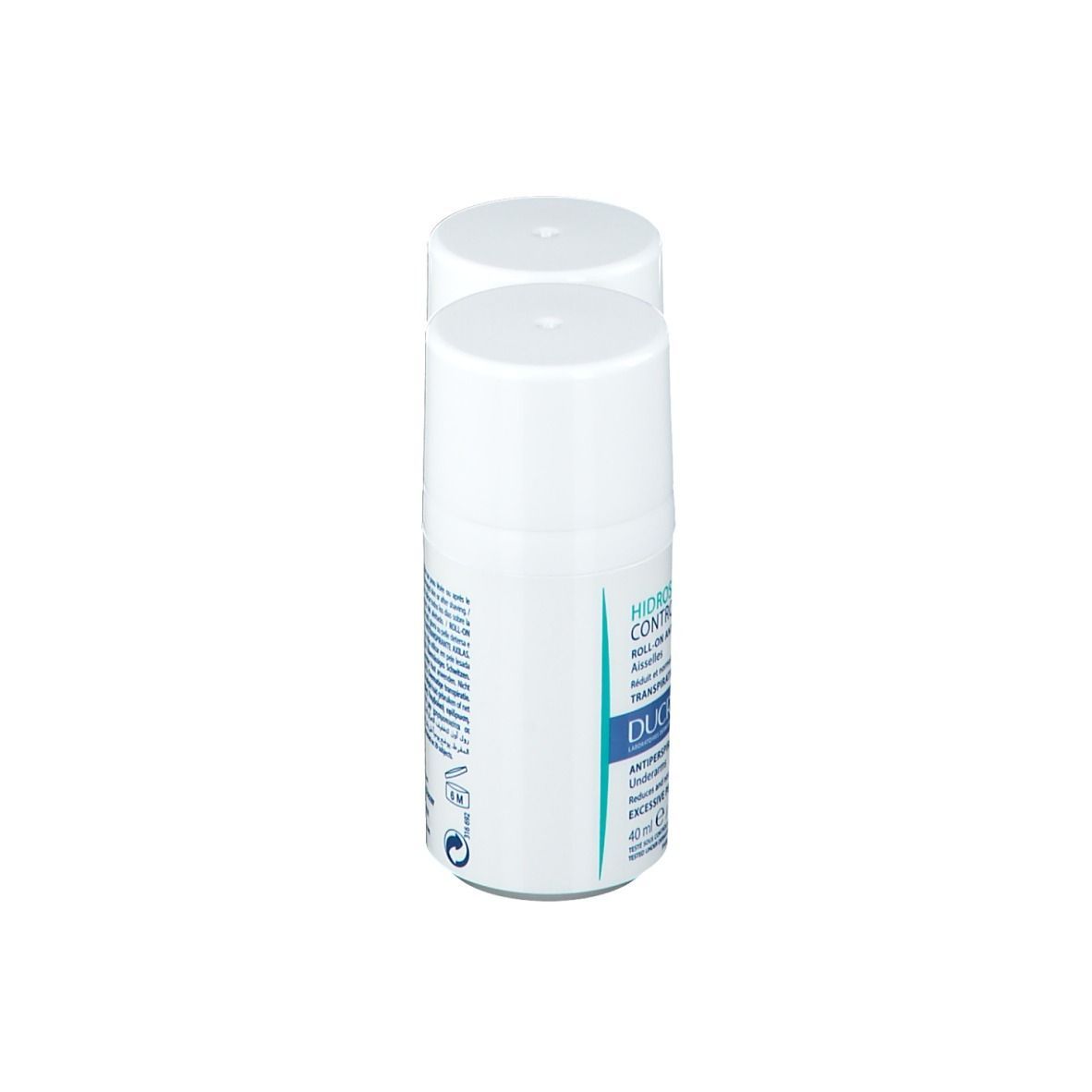 Zwei weiße Roll-on-Flaschen. Aufschrift: HIDROSIS CONTROL, DUCRAY, 40 ml.