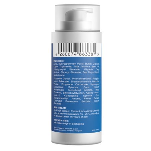 Rückseite der Creme-Spenderflasche. Barcode und Zutatenliste. Text: SKIN CREAM, Product for external use only. Expiration date: see bottom edge.