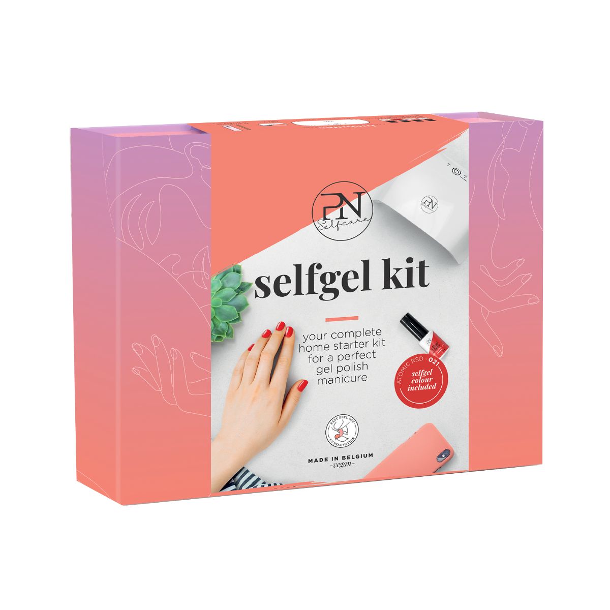PN Selfcare Kit Verpackung. Rosa-Orangener Farbverlauf. Produktabbildung und Text. Made in Belgium.