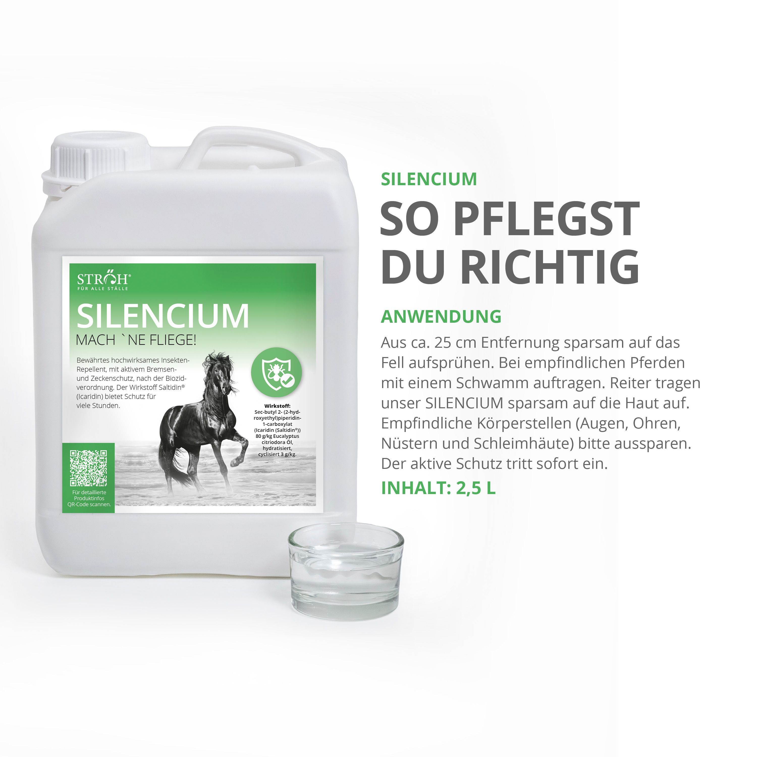 Weißer Kanister SILENCIUM, Produktetikett, Pferd-Illustration. Text: Anwendungshinweise, Inhalt 2,5 L, Glasbehälter daneben.