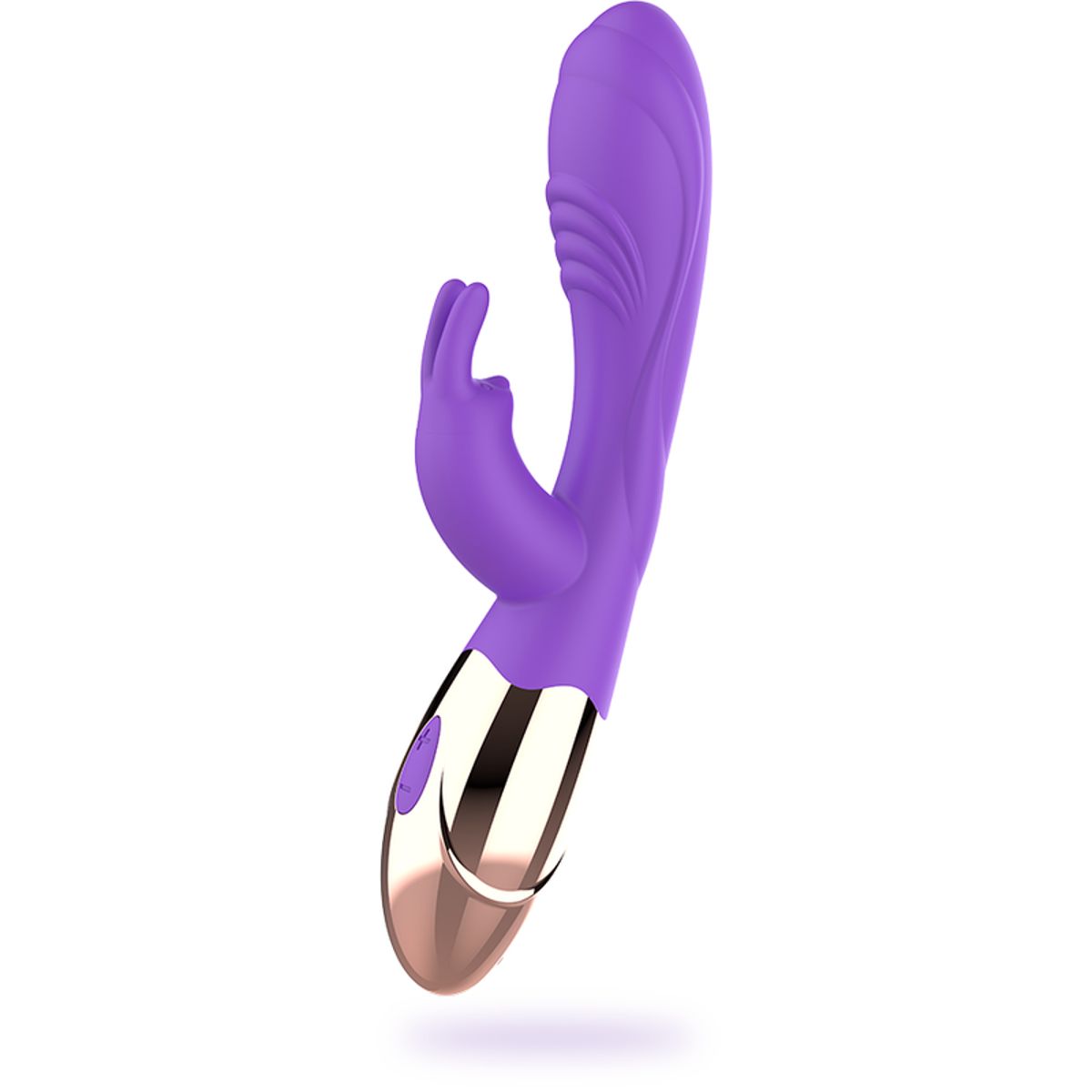 Lila Vibrator mit Kaninchenform. Goldfarbener Kopf und Basis. Auf weißem Hintergrund.