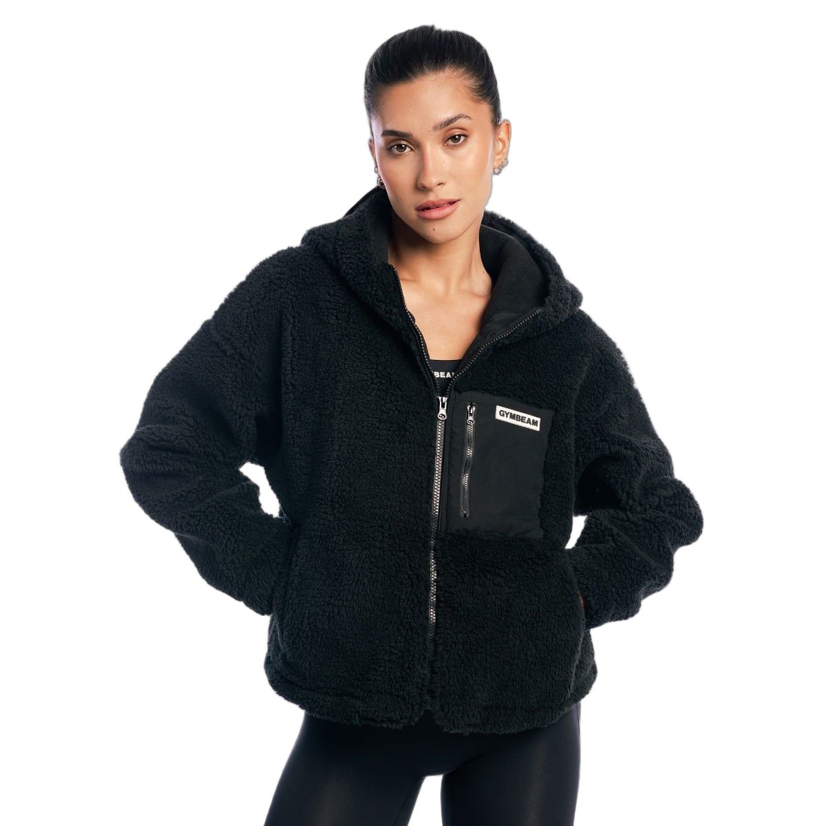 GymBeam Jacke Damen Sherpa Oversized mit Kapuze und Reißverschlusstaschen in Schwarz 1 St