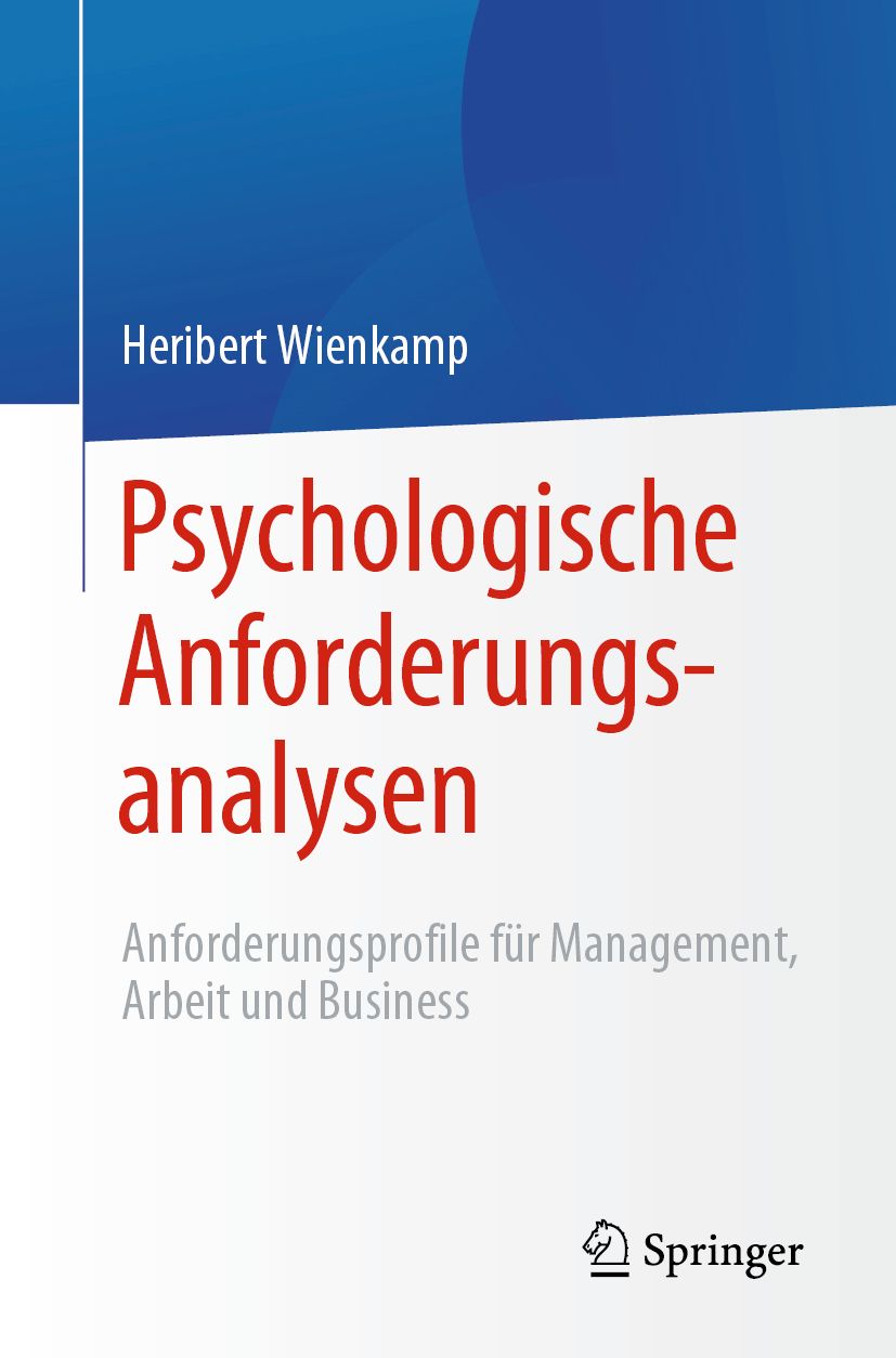 Buchcover mit Titel: Psychologische Anforderungsanalysen. Autor: Heribert Wienkamp. Verlag: Springer. Weißer Hintergrund, rote und blaue Elemente.