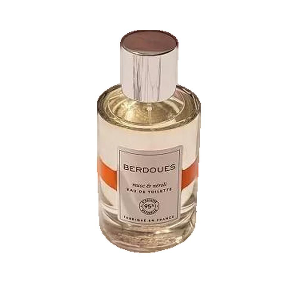 Parfümflakon mit silbernem Verschluss, weißem Etikett und orangefarbenem Streifen. Aufschrift: BERDOUES, musc & néroli, Eau de Toilette.