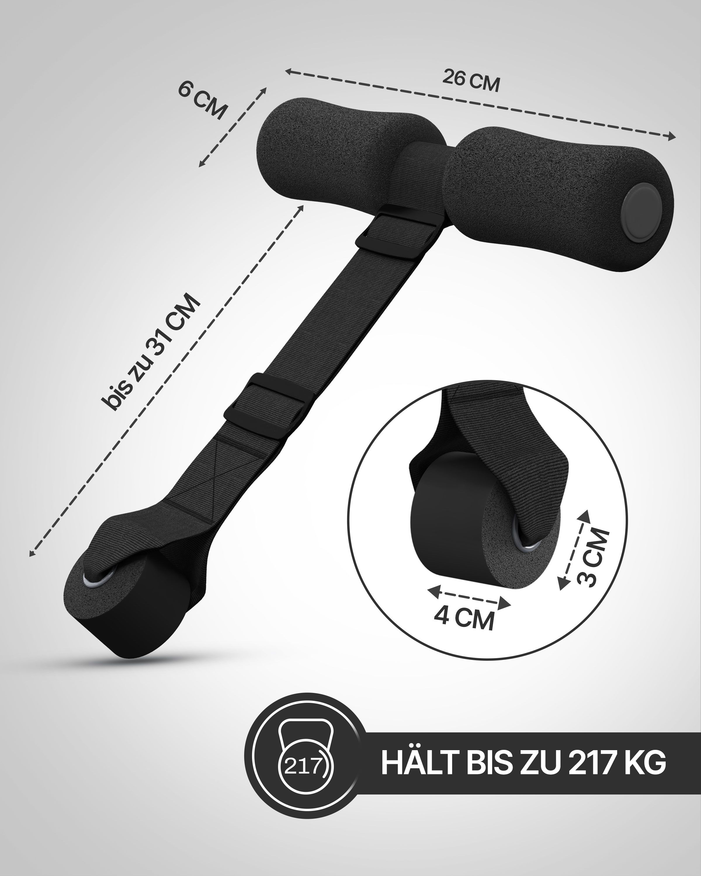 Schwarzes Trainingsgerät mit Maßangaben. Zeigt 6 cm, 26 cm, bis zu 31 cm, 4 cm und 3 cm. Hält bis zu 217 kg.