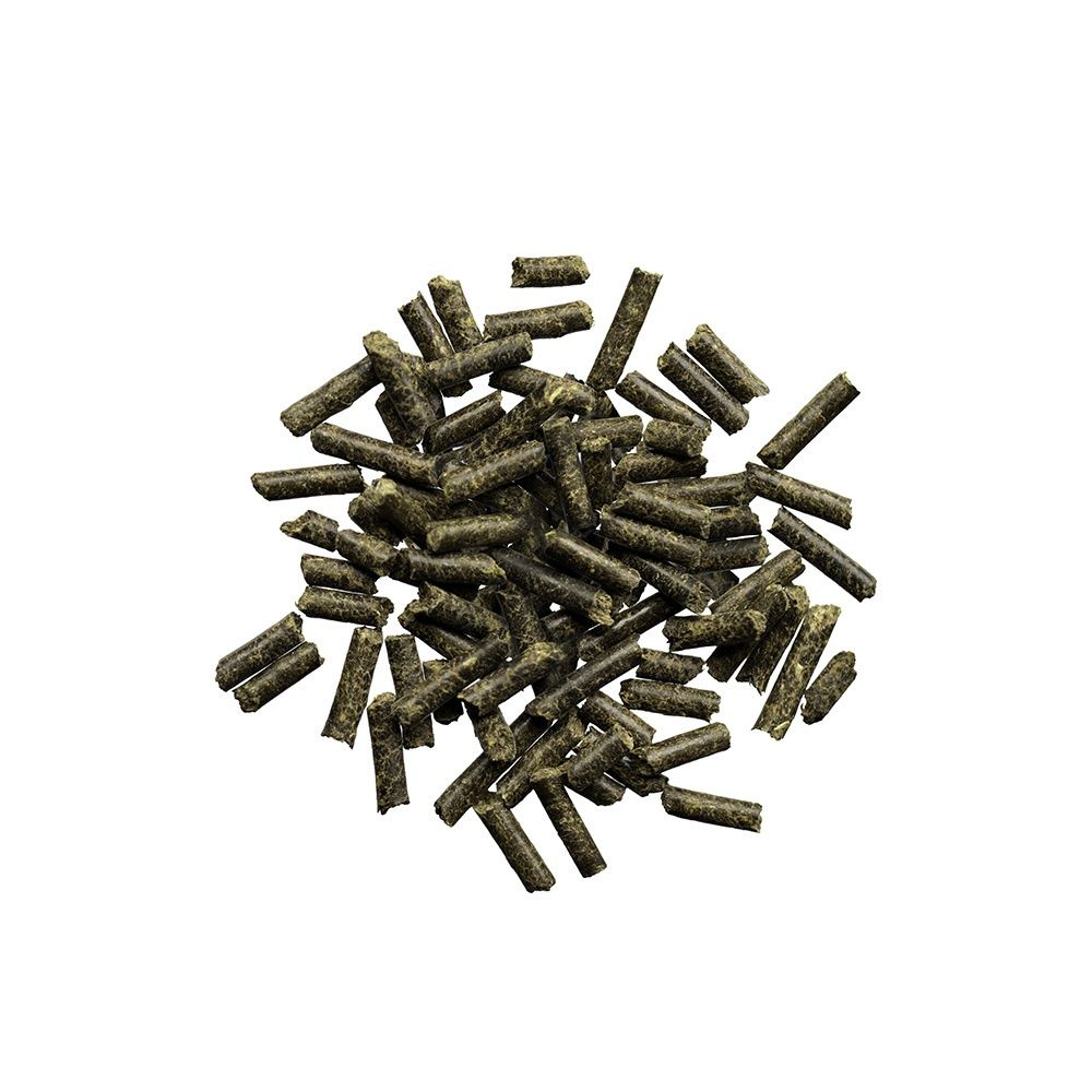 Haufen von zylindrischen, dunkelgrünen Pellets auf weißem Hintergrund.