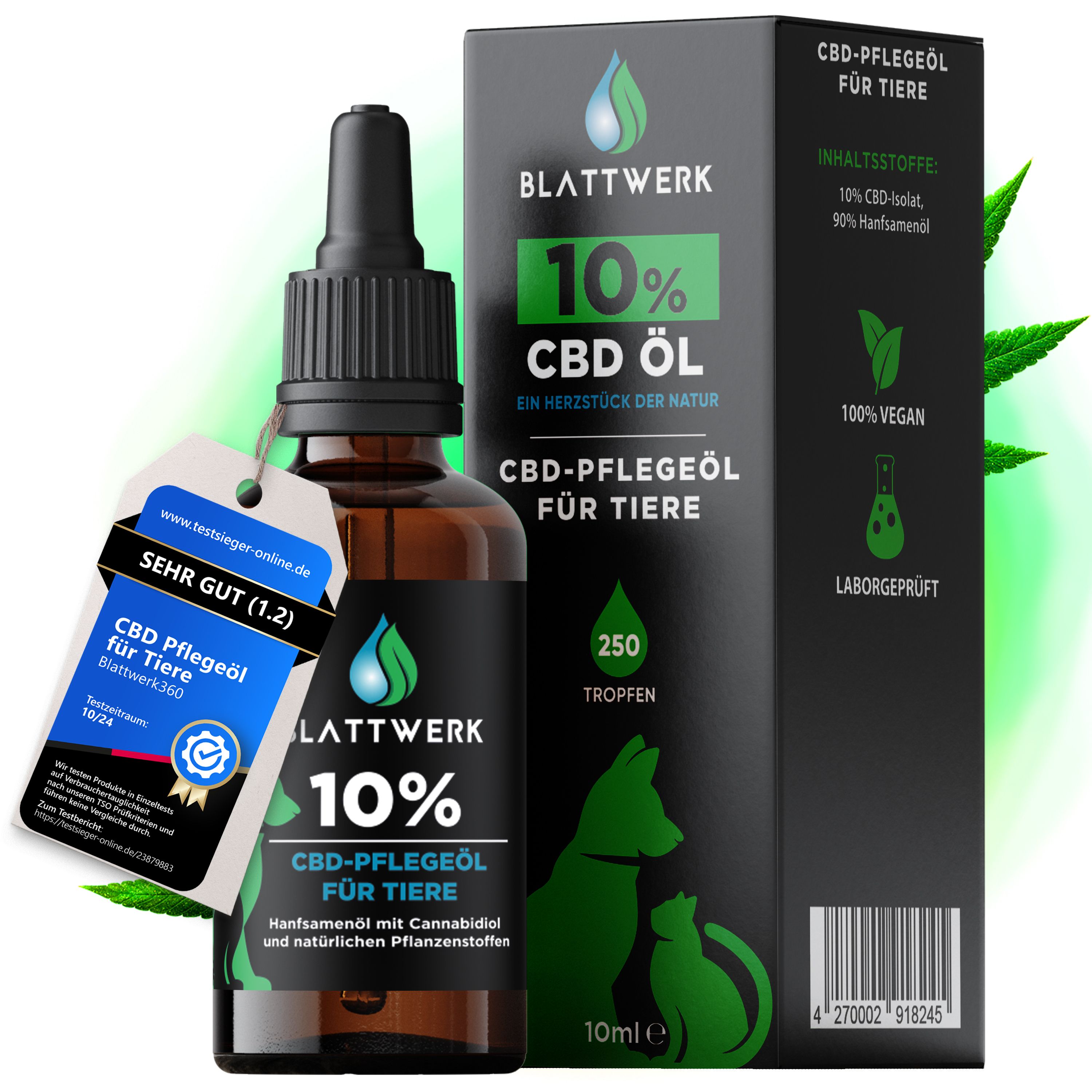 10% CBD Öl für Hunde & Katzen - Deutsche Qualität - CBD Öl Hund - 10ml - 250 CBD Tropfen - BLATTWERK