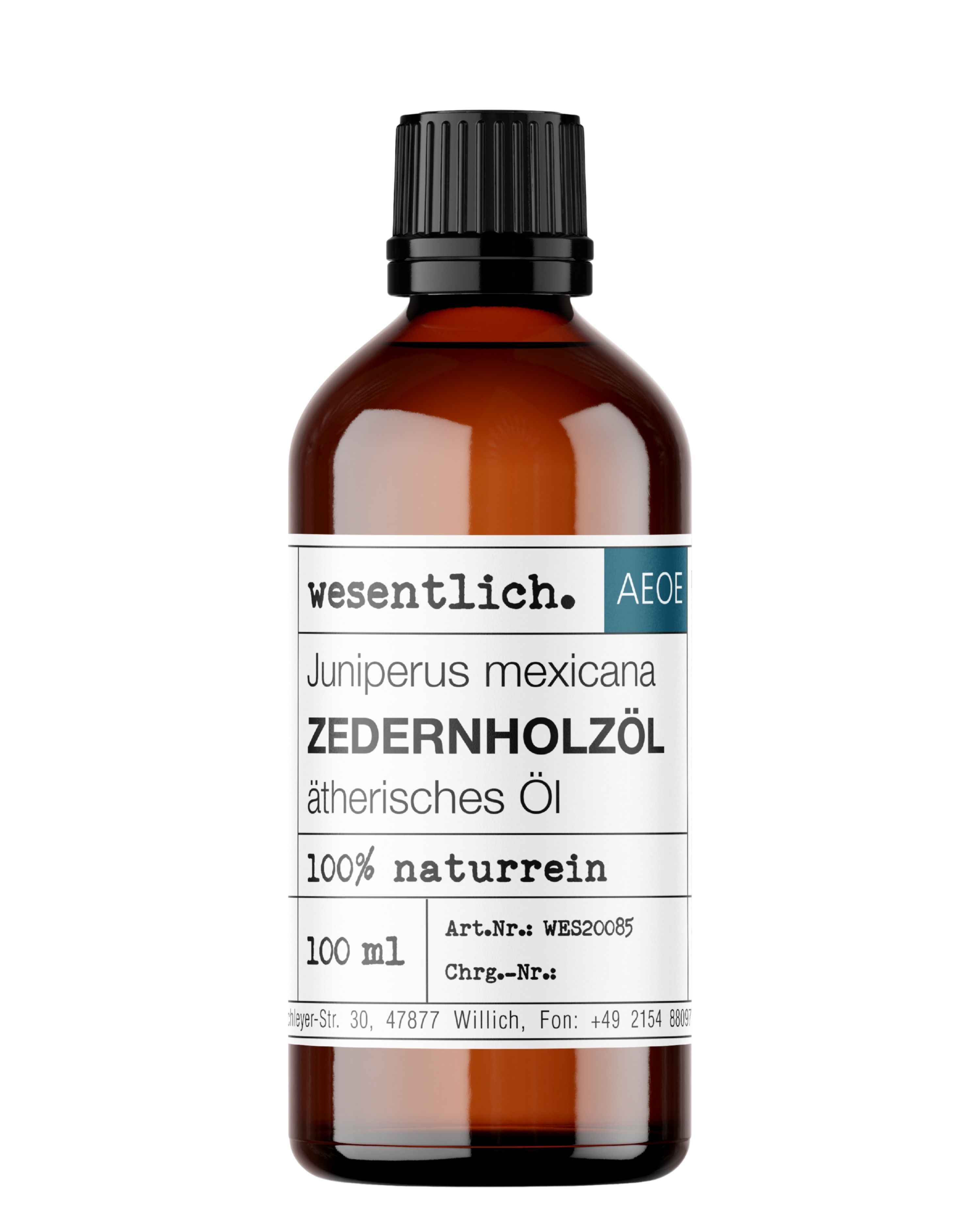 Braunglasflasche mit schwarzem Schraubverschluss, Etikett mit Zedernholzöl, 100ml.