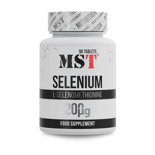 Weiße Tablettenflasche mit schwarzer und roter Schrift. Aufschrift: MST, SELENIUM, L-Selenomethionine, 20µg, 90 Tabletten.