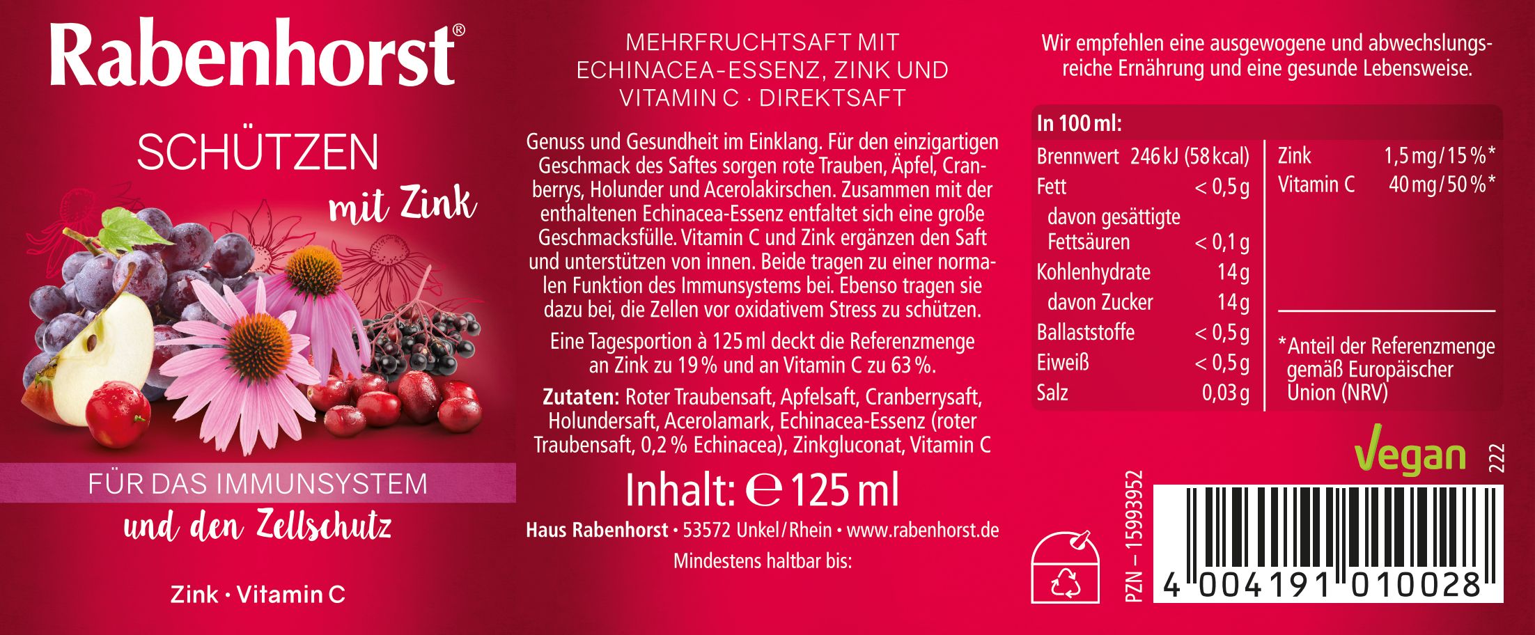 Etikett der Rabenhorst Schützen mit Zink Mini Flasche. Text: Schützen mit Zink, Inhalt 125 ml.