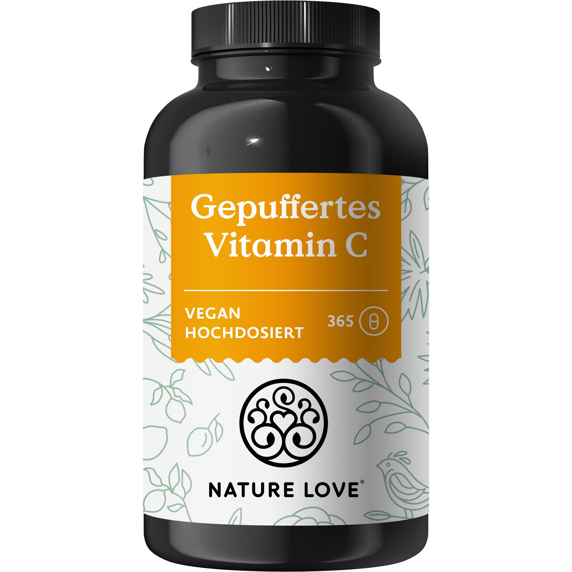 Braune Flasche mit Kapseln. Aufschrift: Gepuffertes Vitamin C, NATURE LOVE®. Vegan, hochdosiert. 365 Kapseln.