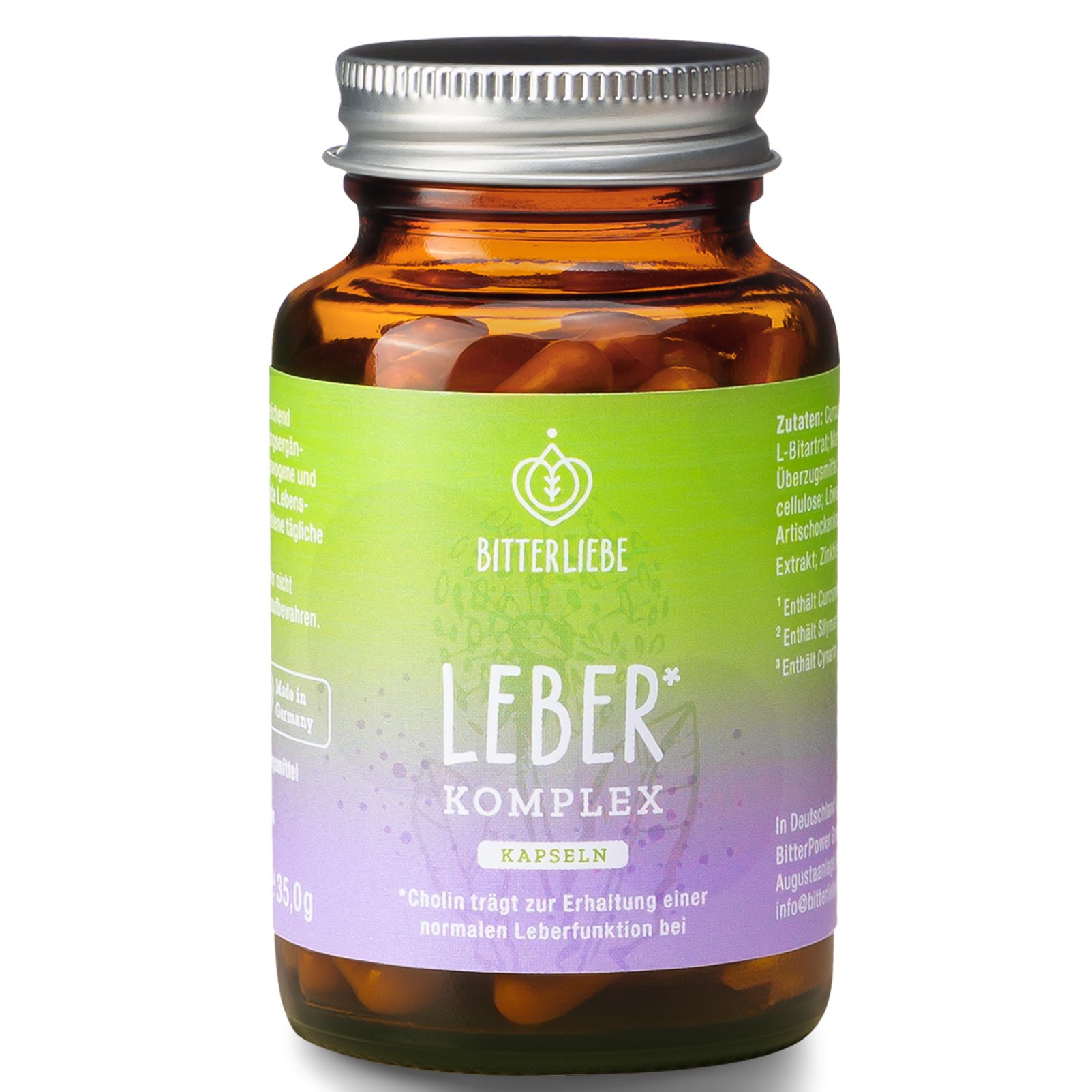 Braune Glasflasche mit Kapseln. Aufschrift: BitterLiebe, Leber Komplex, Kapseln. Enthält Cholin.