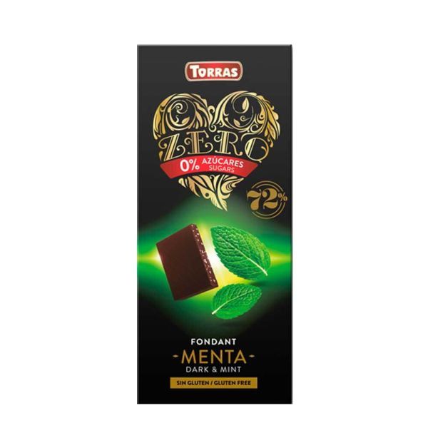 Schokoladentafel mit Minzgeschmack. Aufschrift: ZERO 0% Zucker, 72%. Marke TORRAS. Dunkle Schokolade mit Minze. Glutenfrei.