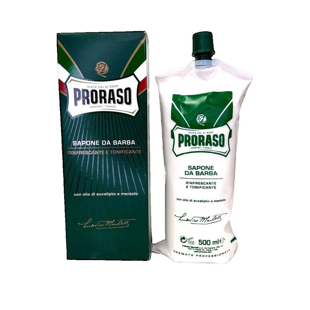 Proraso Rasierschaum-Verpackung und -Beutel. Grün-weißes Design, italienische Flagge. Text: Saponeda Barba, 500 ml.