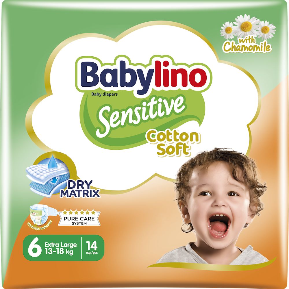 Babylino Sensitive Cotton Soft, Pannolini Taglia 6, Extra Large (15-30Kg), 14 Unità