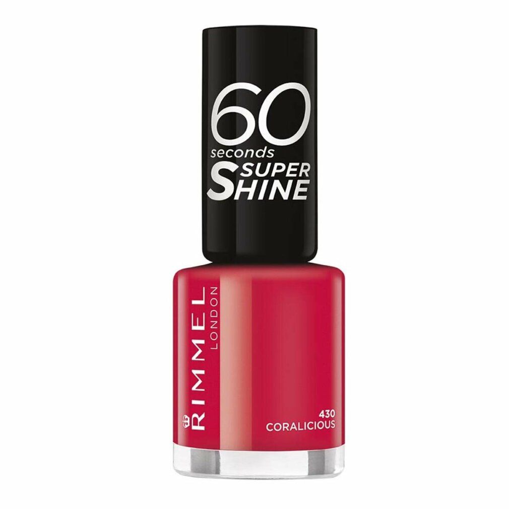 Nagellackflasche, rot, mit schwarzem Deckel. Aufschrift: Rimmel London, 60 seconds super shine, 430 Coralicious.