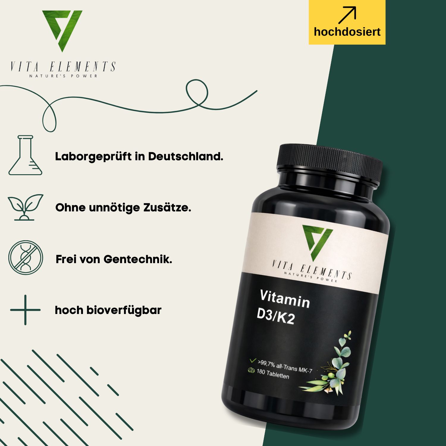 Flasche Vita Elements Vitamin D3/K2 Tabletten, Labor geprüft, ohne Zusätze, frei von Gentechnik, hochverfügbar.