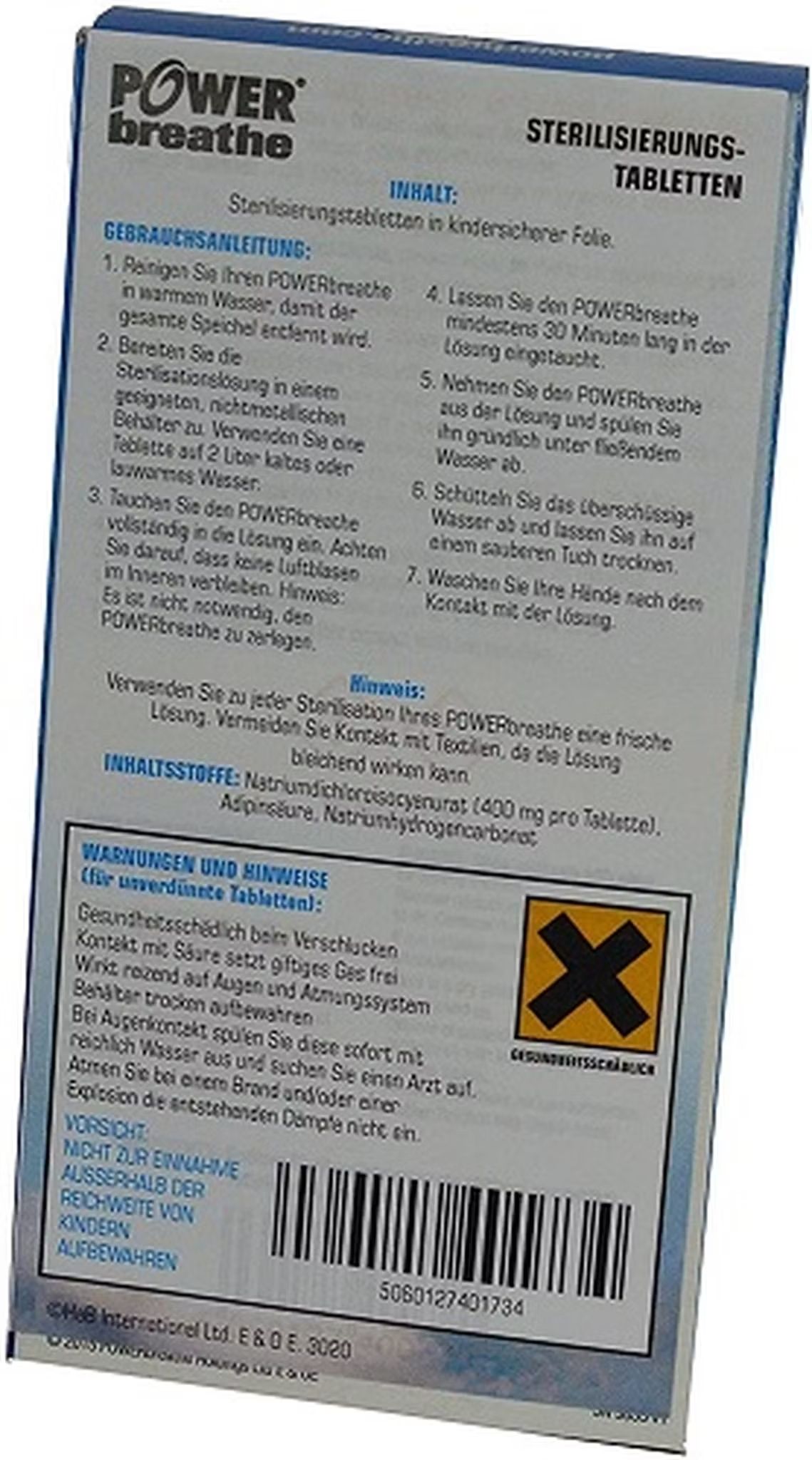 Rückseite der PowerBreathe Reinigungstabletten Schachtel mit Anweisungen und Inhaltsstoffen.