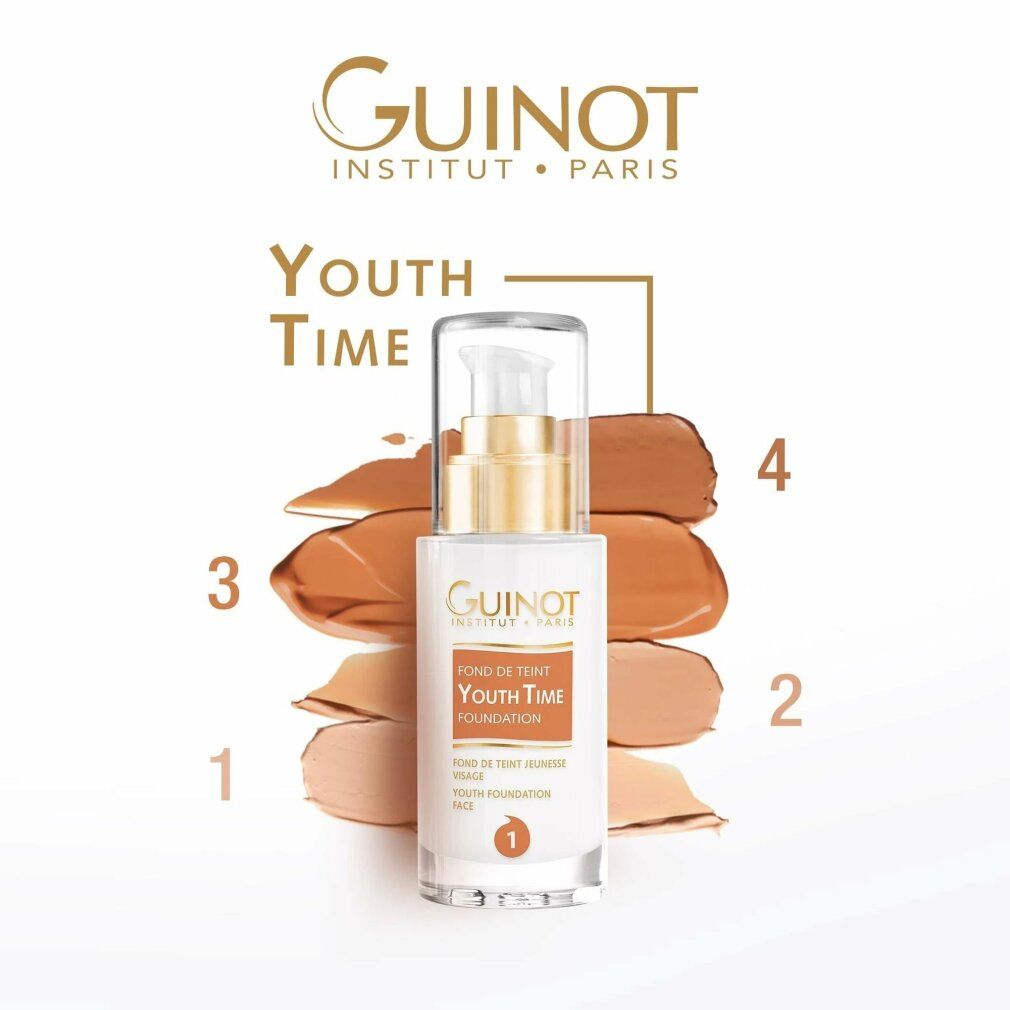 Guinot Youth Time Foundation Nr. 1, 2, 3, 4. Farbproben aufgetragen. Flasche mit Pumpe. Produktname und Marke sichtbar.