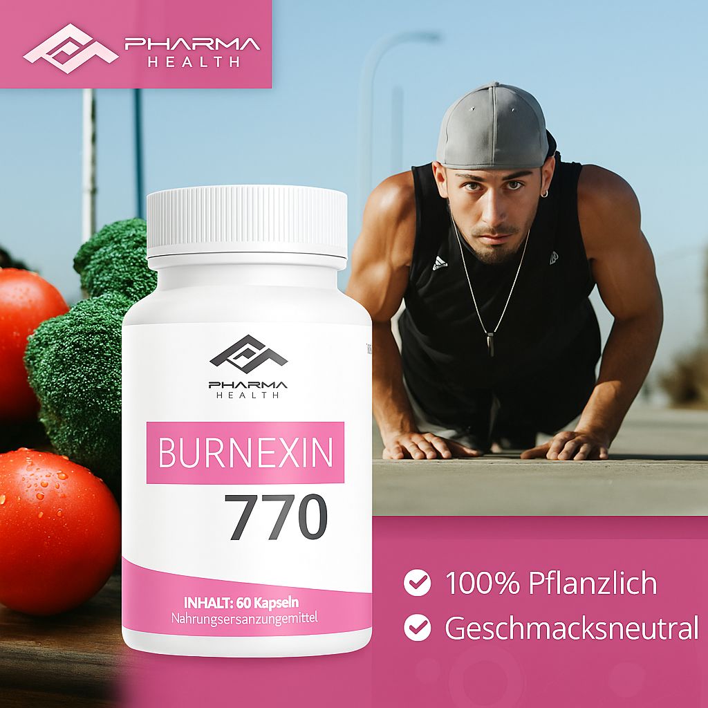 Weiße Flasche mit rosa Etikett. Aufschrift: BURNEXIN 770, Pharma Health Logo. Mann im Hintergrund.
