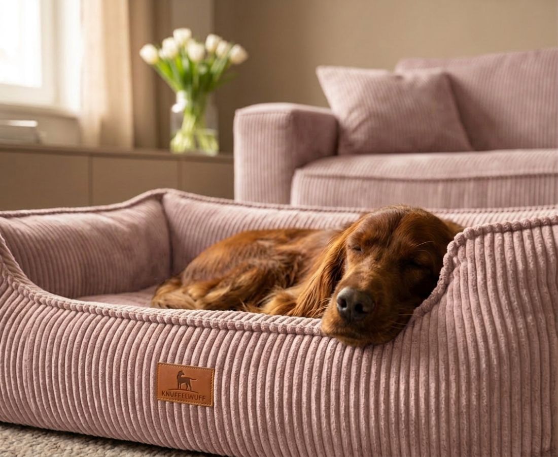 Schlafender Hund in einem rosa Cord-Hundebett mit erhöhtem Rand.