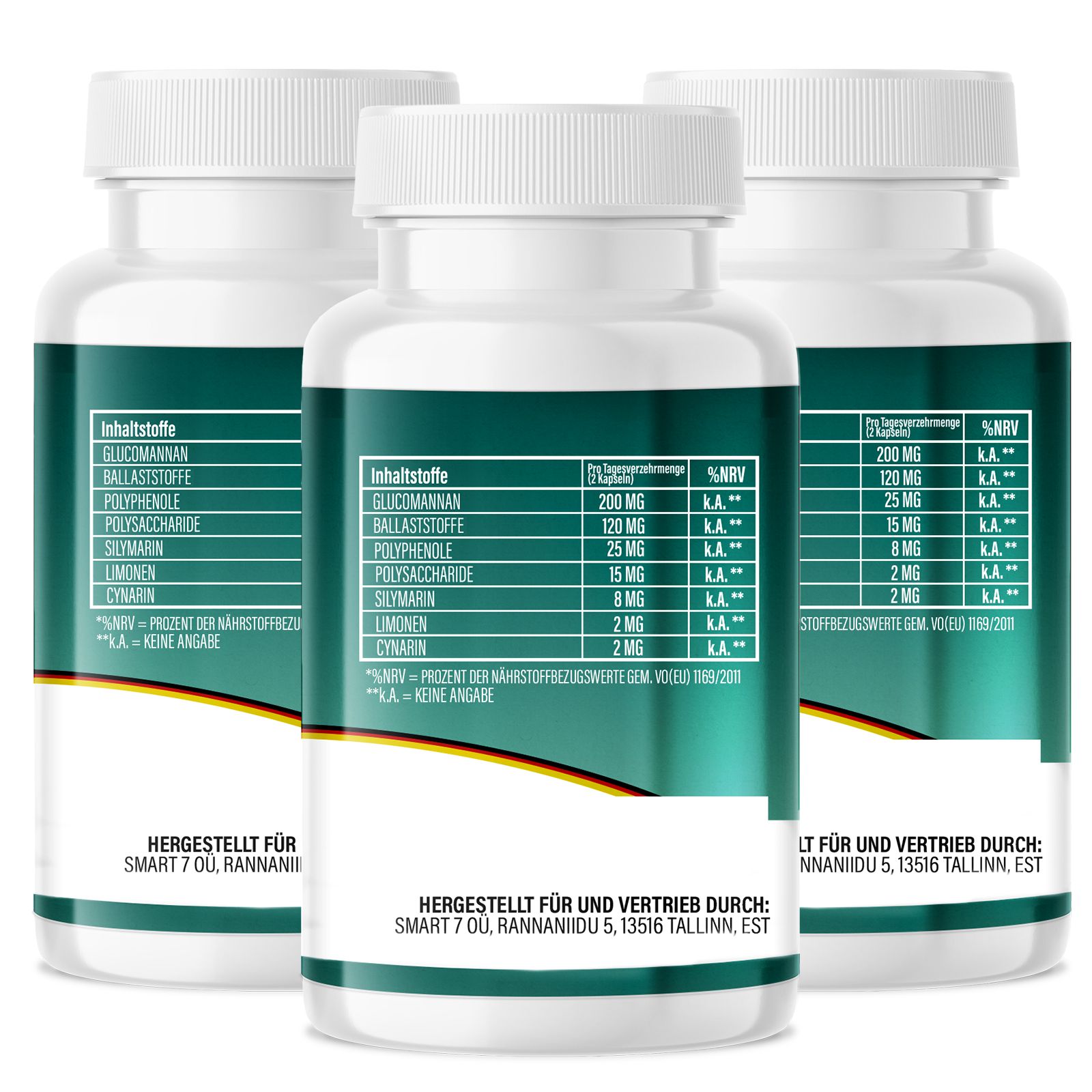 Drei weiße Flaschen mit grünen Etiketten. Rückseite mit Nährwertangaben und Herstellerinformationen. Mit deutschem Flaggen-Design.