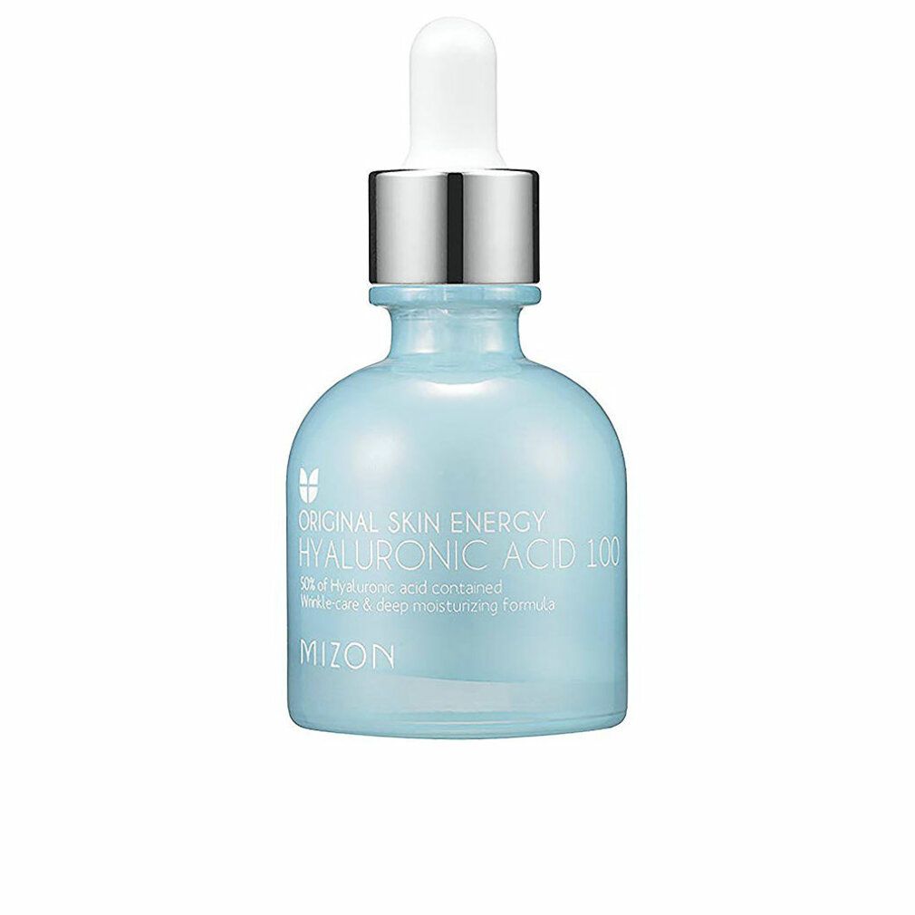 Hellblaue Flasche mit silbernem Deckel und Pipette. Aufschrift: Original Skin Energy Hyaluronic Acid 100. Marke: Mizon.