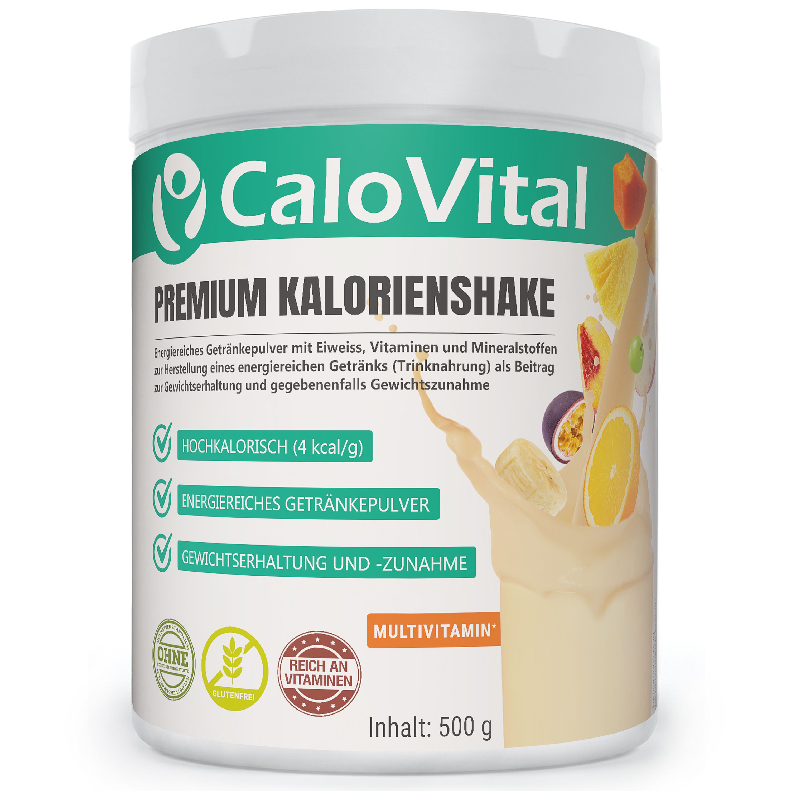 Weißer Behälter mit CaloVital Premium Kalorienshake. Text: Hochkalorisch, energiereich, Gewichtszunahme. Inhalt: 500 g. Mit Vitaminen.