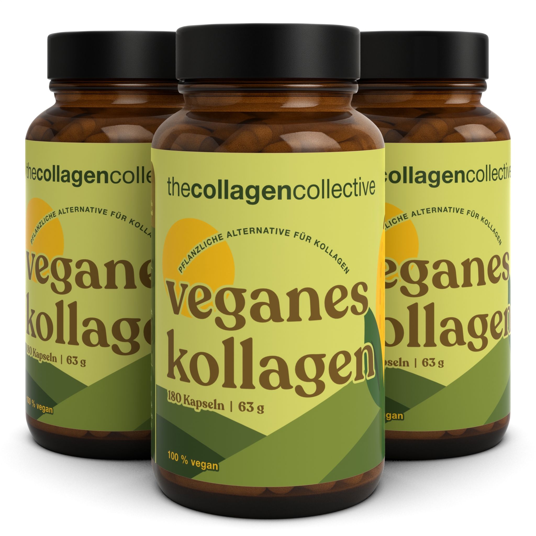 Drei braune Glasflaschen mit schwarzen Deckeln. Auf den Etiketten steht "veganes Kollagen".