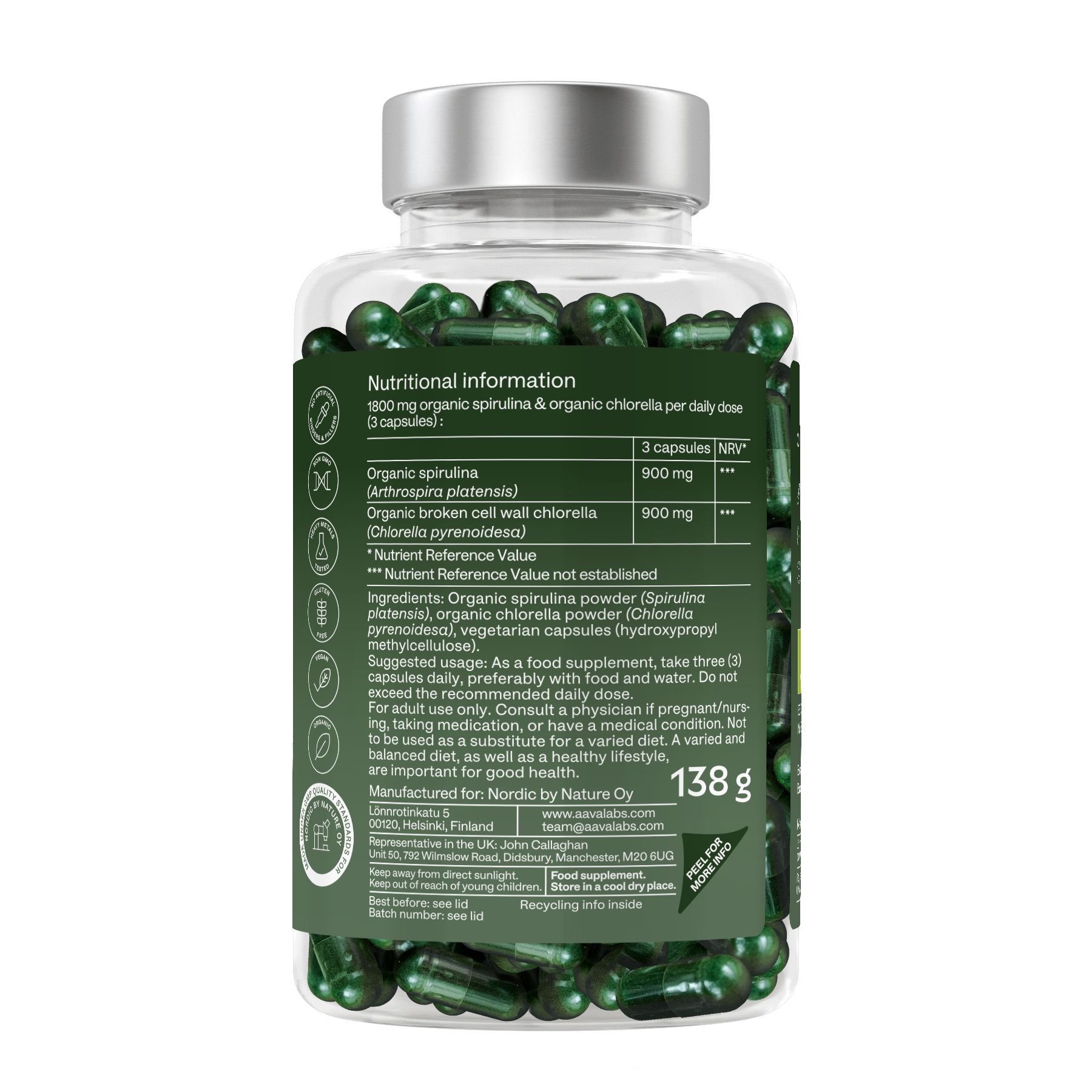 Rückseite einer Flasche mit grünen Kapseln. Text: Nährwertangaben, Inhaltsstoffe, 138g.